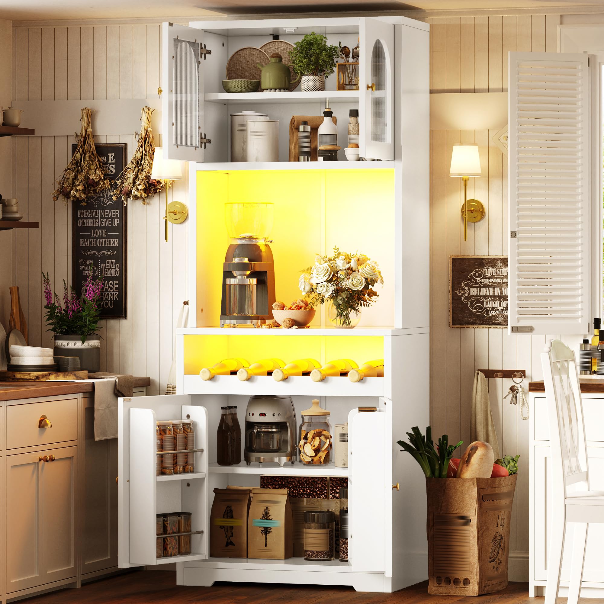 Kebnor Hochbuffetschrank 180cm Weiß mit App-RGB-LED, gewölbte Glastüren, Weinregal & Anti-Kipp-Vorrichtung, verstellbare Einlegeböden