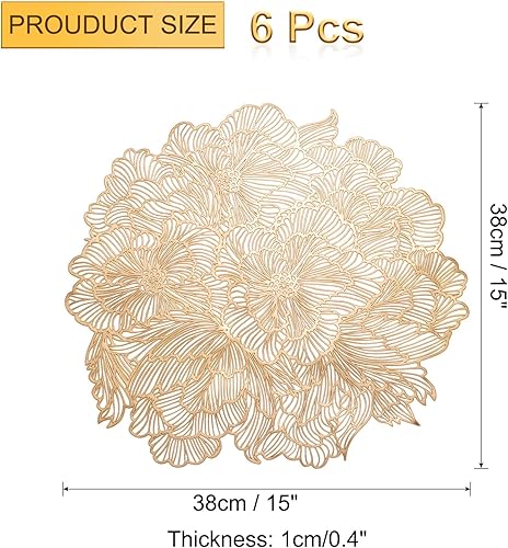 Miniatura 2 de uxcell Juego de 6 manteles individuales redondos dorados y florales para mesas de cena, manteles individuales metálicos de polivinilo prensado,