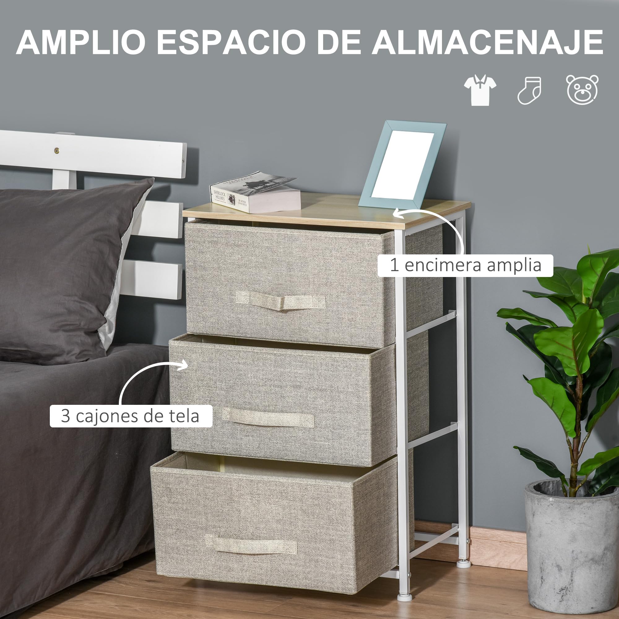 HOMCOM Cómoda con 3 Cajones de Tela, Cómoda para Dormitorio, Marco de Acero, Cajonera para Salón, Oficina, Vestidor, Gris