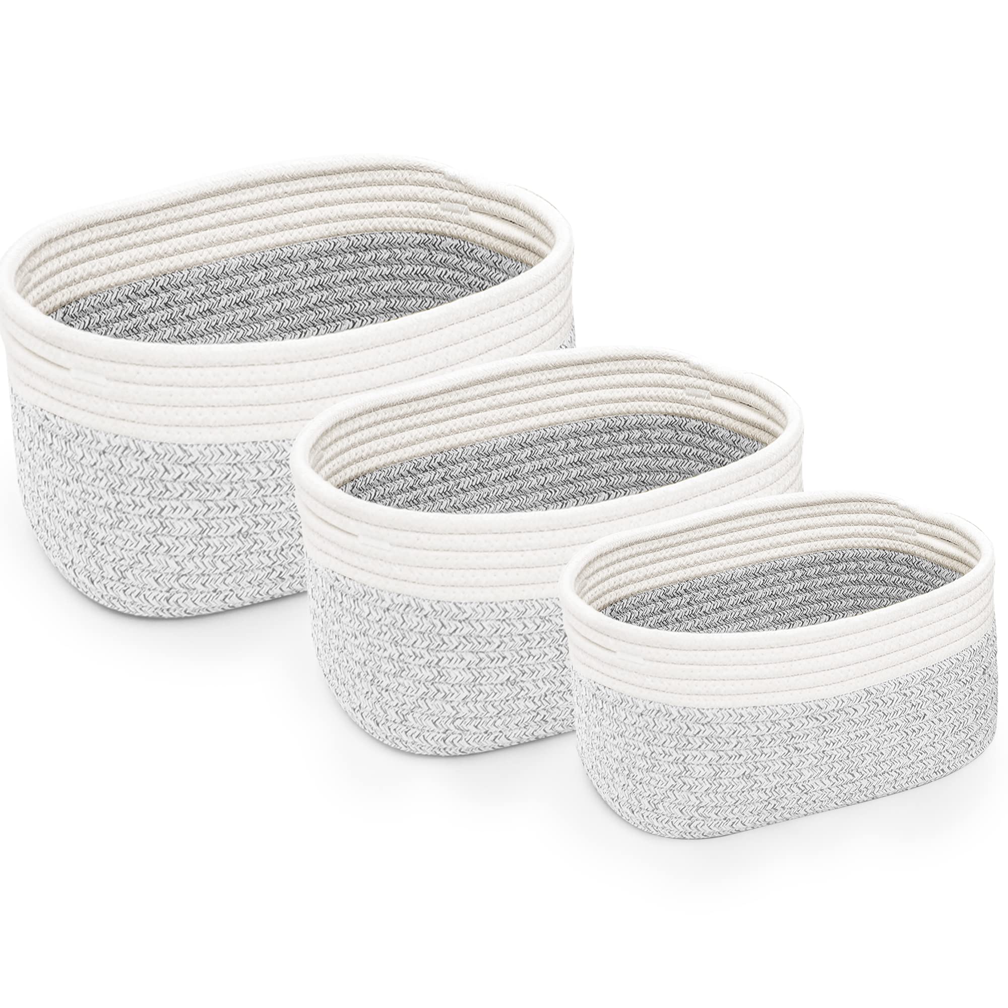 Sponsored Ad – Rope Woven Storage Baskets Set of 3 | Small Cotton Rope Basket for Shelves | Nursery Decor Organizer Bins | Bathroom Storage Basket (Grey & White)