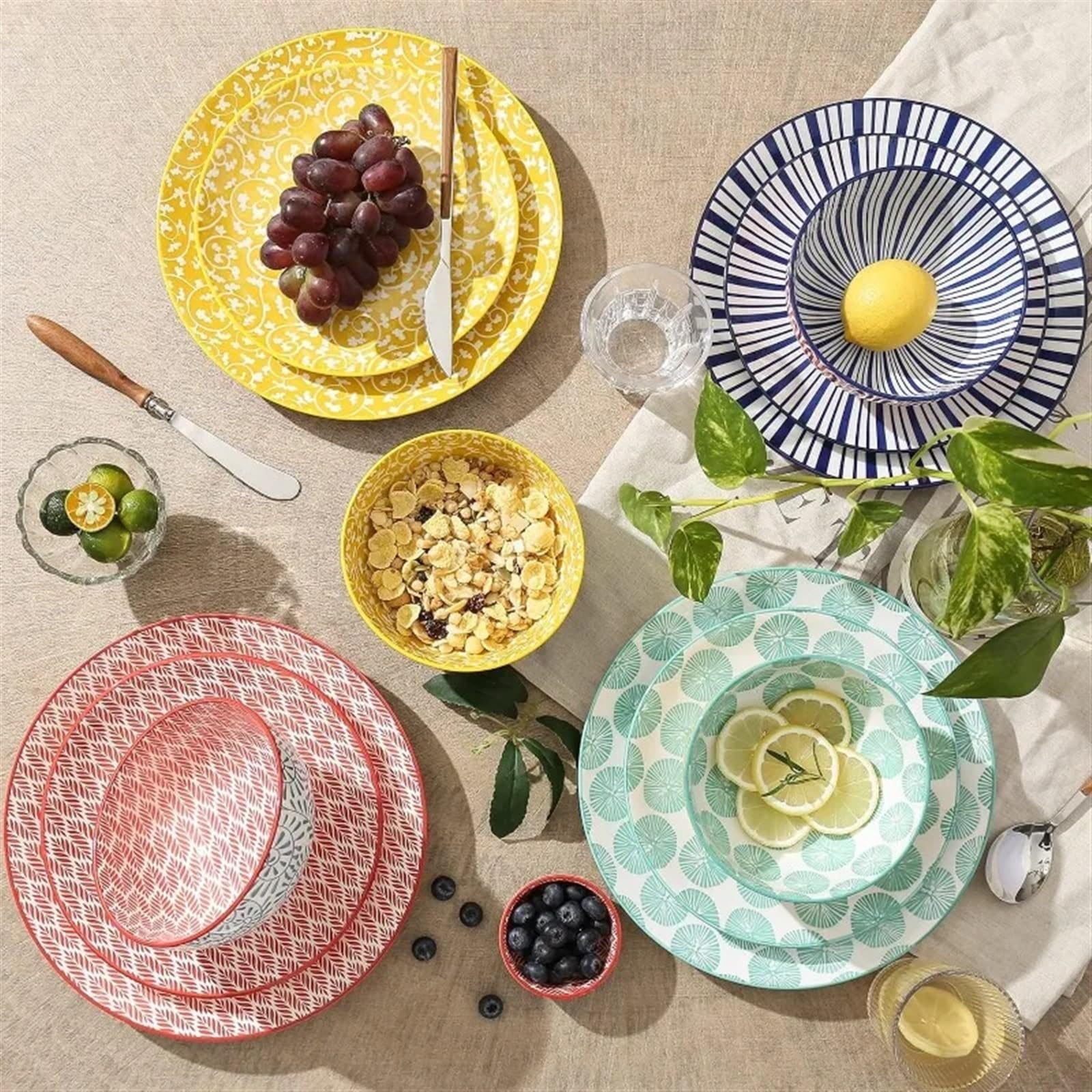 Set di posate in ceramica da 12 pezzi, piatto da insalata e dessert (blu sfumato - 12)