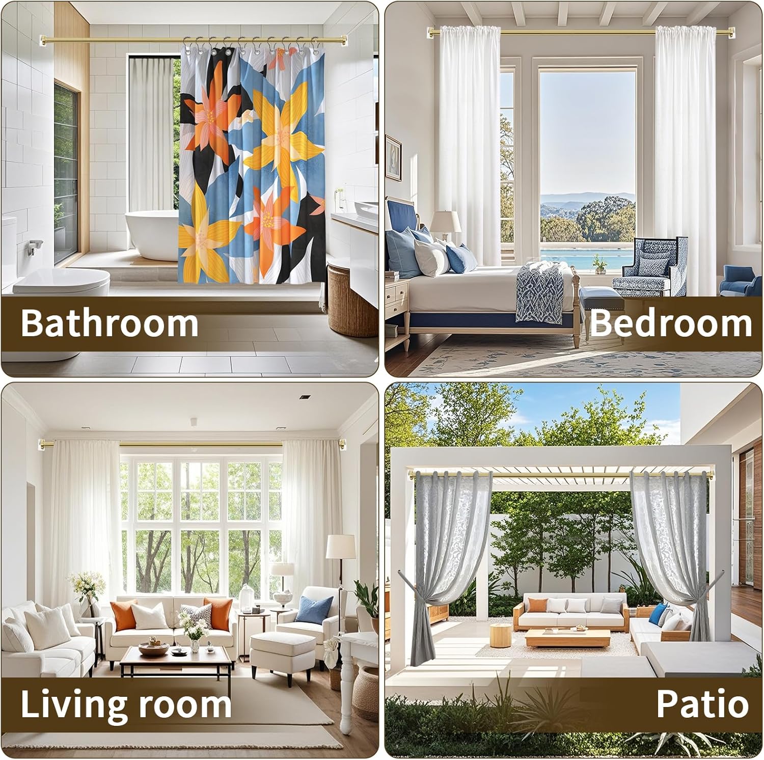 YNL Tension Shower Curtain Rod 34 to 120 In(2.83-10Ft), Long Tension Curtain Rod with 2Pcs Holders, No Drilling for Large Window, Bathroom, Patio, Adjustable Outdoor Curtain Rod, Brushed Gold