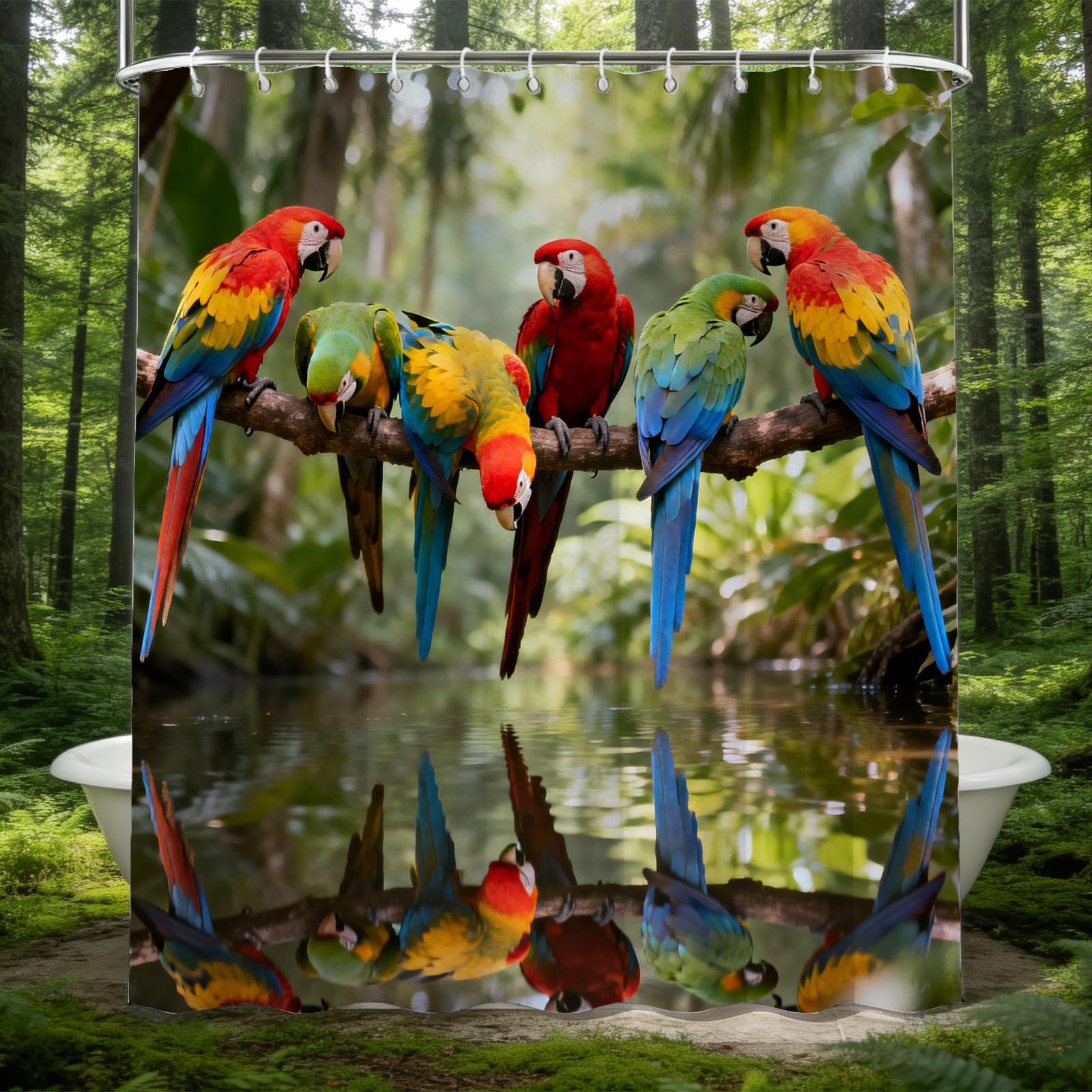 Hongduo White 3D Macaw Shower Curtain For Stalls Bathtubs Tropical Plants Bathroom Decor Shower Curtain Set Polyester Fabric Waterproof 120X180cm/48X71 Inch With Hooks