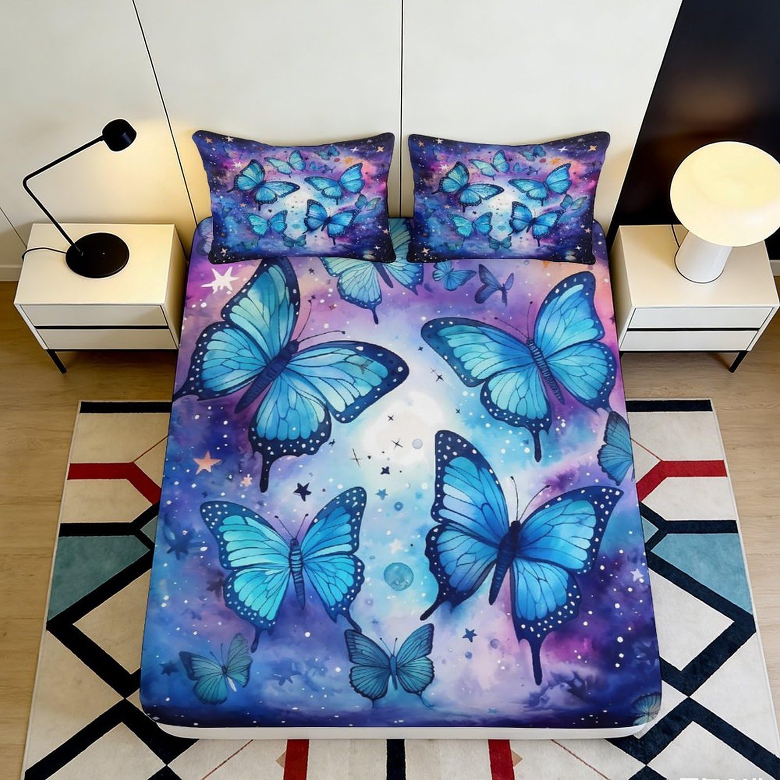 Pnayamiorkfel Style-1 3D Printed Blue Butterfly Galaxy Fitted Sheet Microfiber Soft Decor Mattress Cover For Bedroom Guest Room Dorm 90X200x25cm