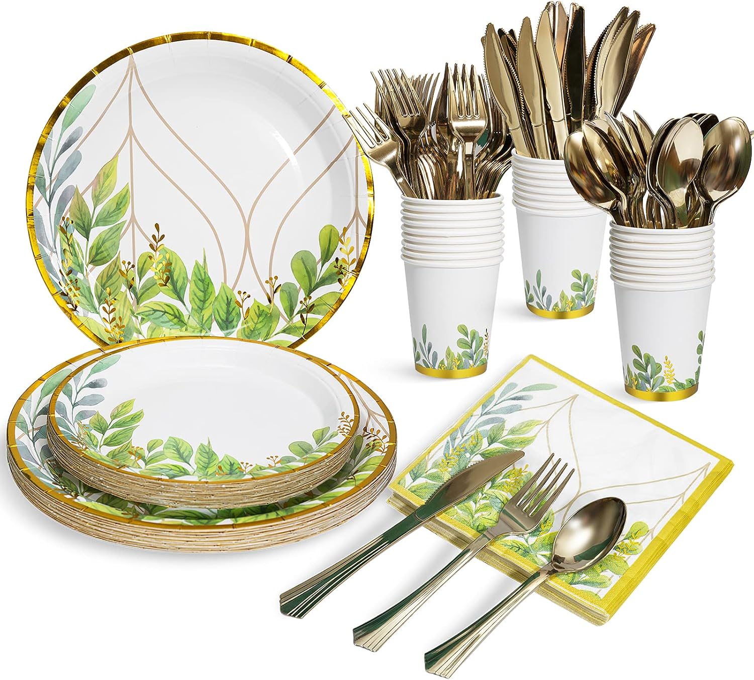 HOMIX Greenery Party Plates Napkins Cups Sets with Plastic Cutley Sets Serves 24 for Baby Shower, Bridal Shower, Birthdays, Boho, Jungle Safari Party Supplies and Decorations