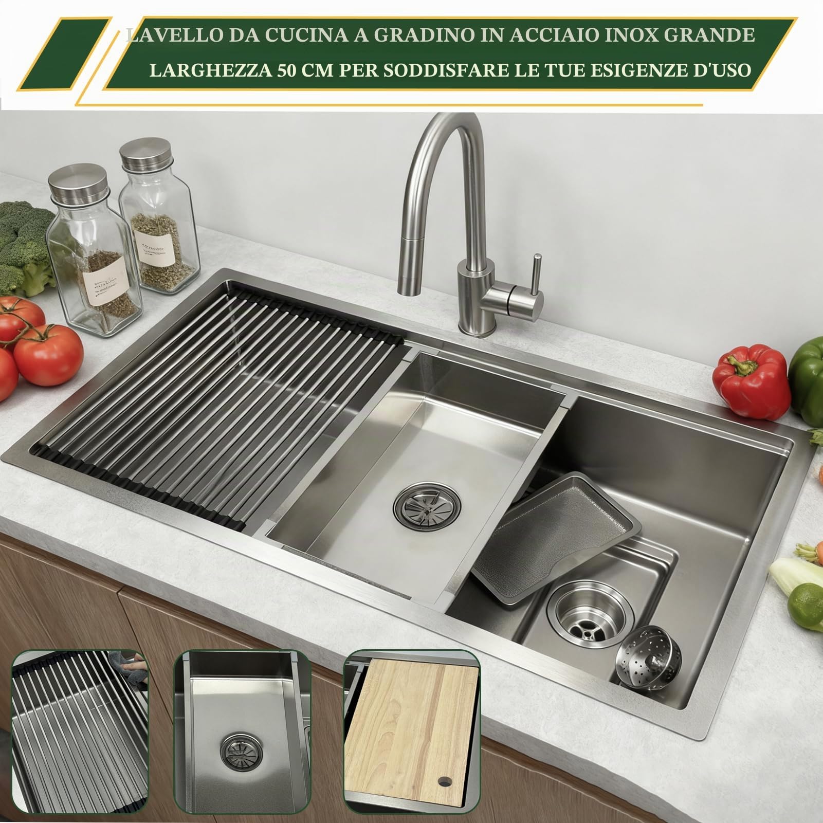 Lavello da cucina rettangolare 90 x 50 cm, in acciaio inox 304, 1 lavandino da incasso, con lavello interno di ricambio e tagliere, lavabo, moderno lavello in acciaio inox con scolapiatti e sifone