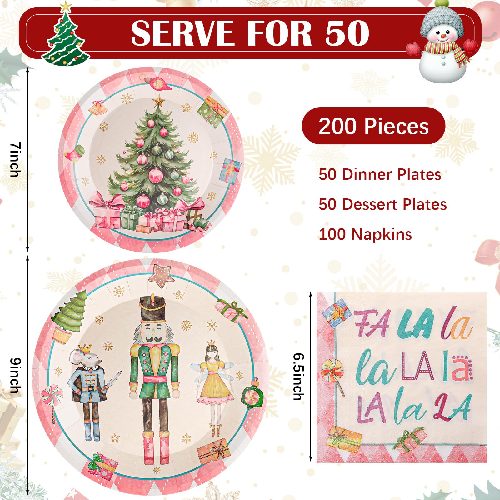 Funnymoom 200 piezas de suministros de fiesta de Navidad, platos y servilletas de Navidad, platos de papel de Navidad, 50 platos de cena de Navidad, 50 platos desechables de postre, 100 servilletas