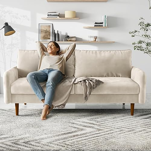 Miniatura 4 de Cómodo sofá biplaza de tela de terciopelo de 70 pulgadas de ancho con asiento profundo y patas de madera maciza, moderno sofá reclinable de mediados
