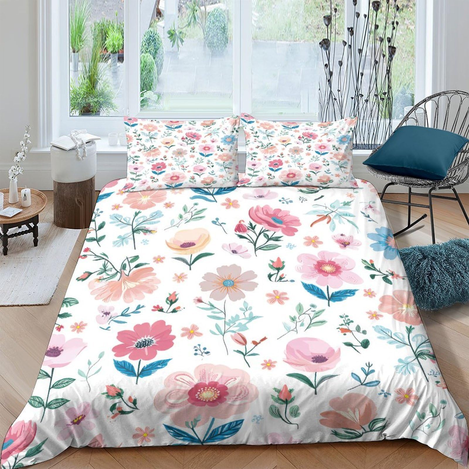 GPLZQXKJNH 3D Printed Watercolor Floral Duvet Cover Microfiber Soft Breathable Botanical Bedding Set with 2 Pillowcases for Bedroom Decor Single（135x200cm）