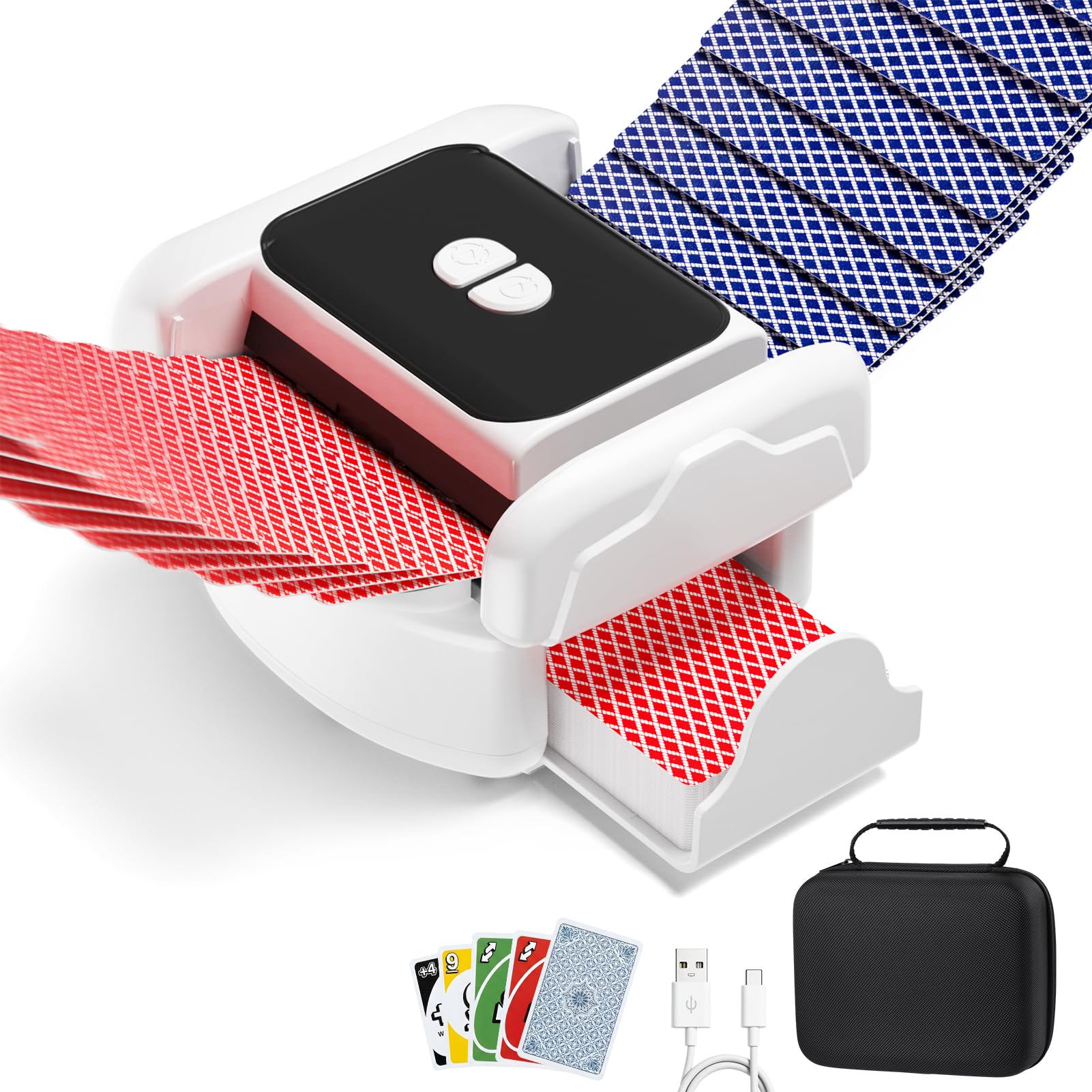 Automatic Card Shuffler Machine for 2 Decks, Rechargeable Electric Card Shuffler with Carrying Case, 2600mAh Battery & Low Noise, Poker Fast Shuffler for UNO, Phase 10, Skip-Bo, Party Card Games