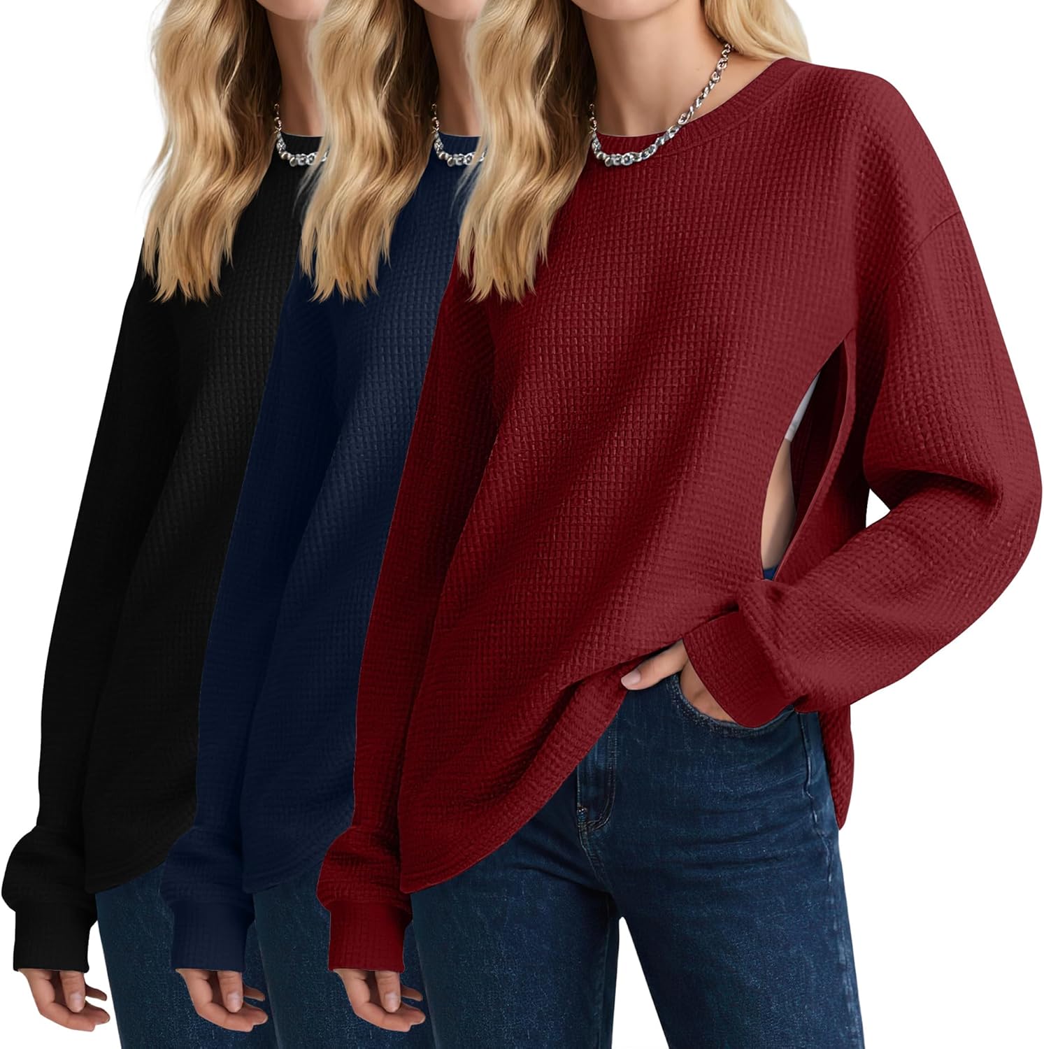 3 Pack Women’s Oversized Nursing Tops, Waffle Knit Breastfeeding Zipper Sweatshirt Long Sleeve Maternity Shirts