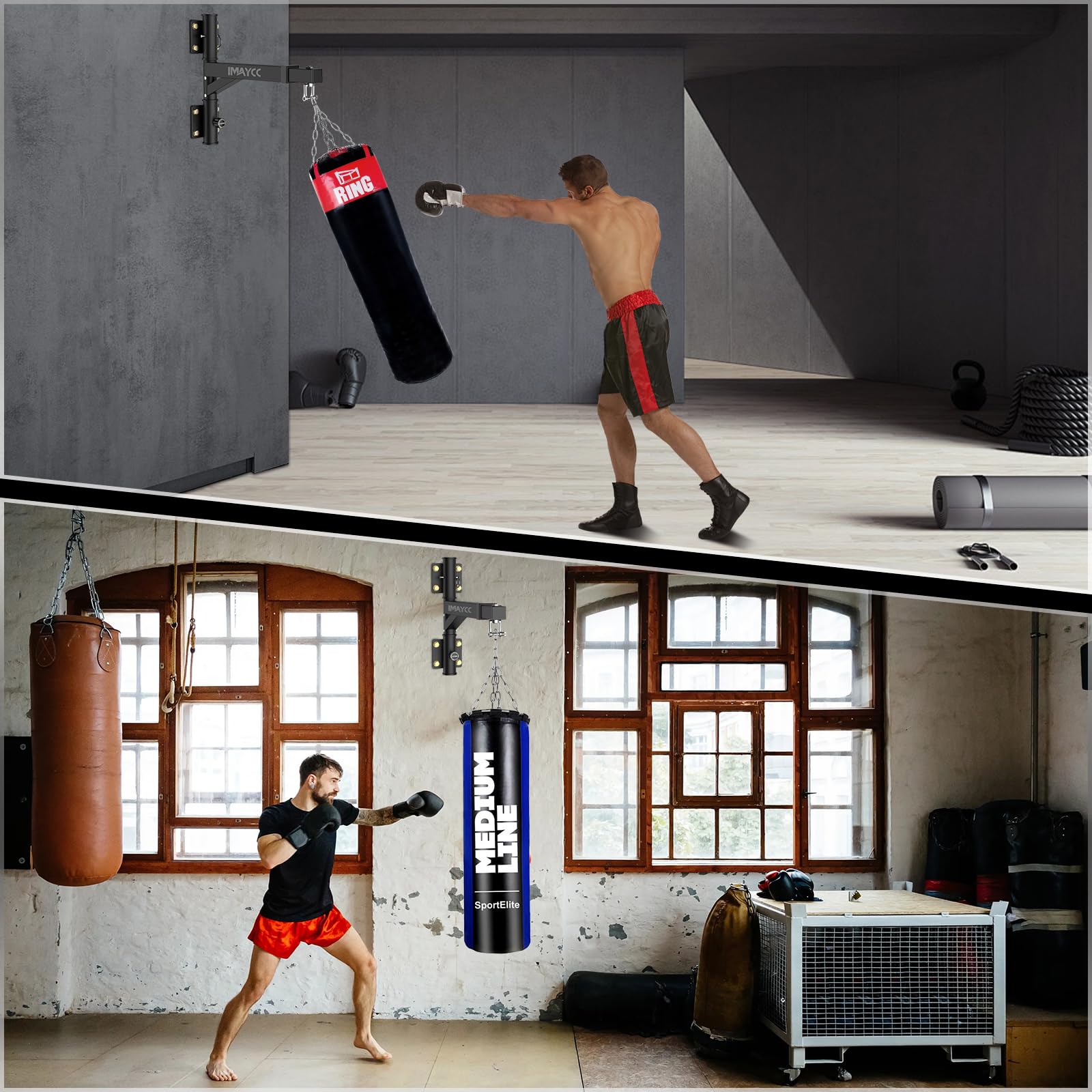 IMAYCC Soporte Saco Boxeo, Soporte Ajustable para Saco de Boxeo con Rotación de 180°, Espacio Eficiente, Interior t Exterior, Artes Marciales Mixtas Etc