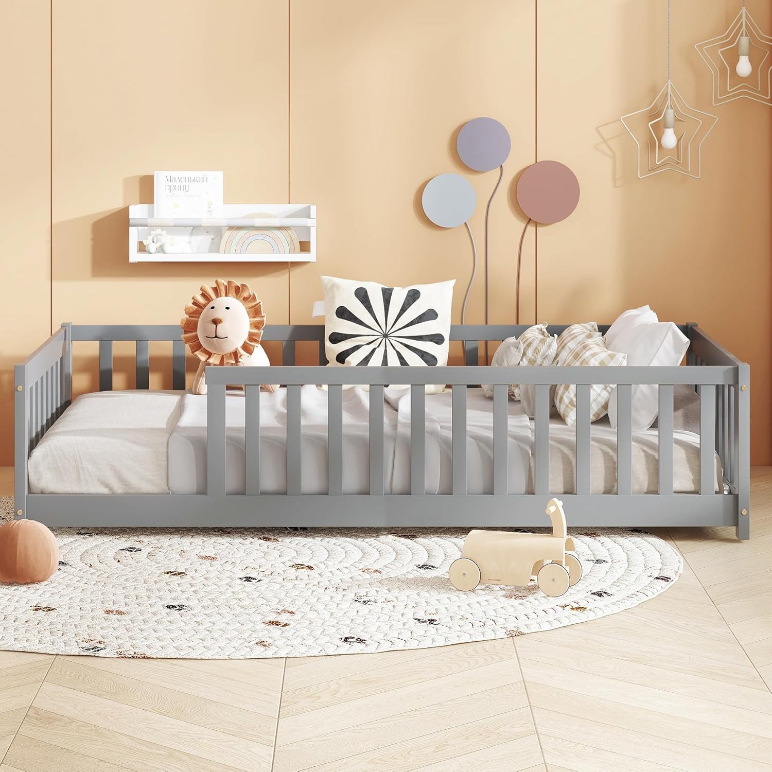 Bellemave Twin Floor Bed with Slats and Guardrails, Wood Montessori Floor Beds with Fence, Easy Assemble Floor Bed for Kids, Girls, Boys, Gary