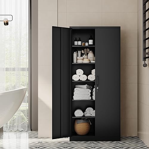 Miniatura 4 de Armario de almacenamiento de metal, archivadores de acero de 72 pulgadas de alto con puertas con cerradura y estantes ajustables, gabinete de