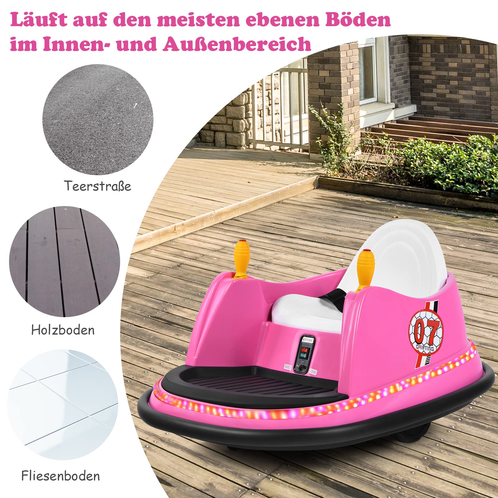 GOPLUS 6V Elektro Autoscooter mit 2,4 GHz Fernbedienung, Kinderfahrzeug 360 Grad, mit bunten Lichtern, EIN-Tasten-Start, Sicherheitsgurt, Musik, Hupe, für Kinder von 2-5 Jahren, bis zu 2km/h (Rosa)