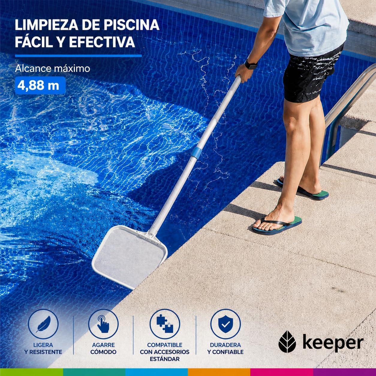 Siqua Pertiga Telescopica con Cierre de Clip y Palomilla. 5M Extensible. Palo para Piscina de Aluminio Estriado. Pertiga Limpiafondos Piscina. Mango Telescópico Piscina.Mango Universal