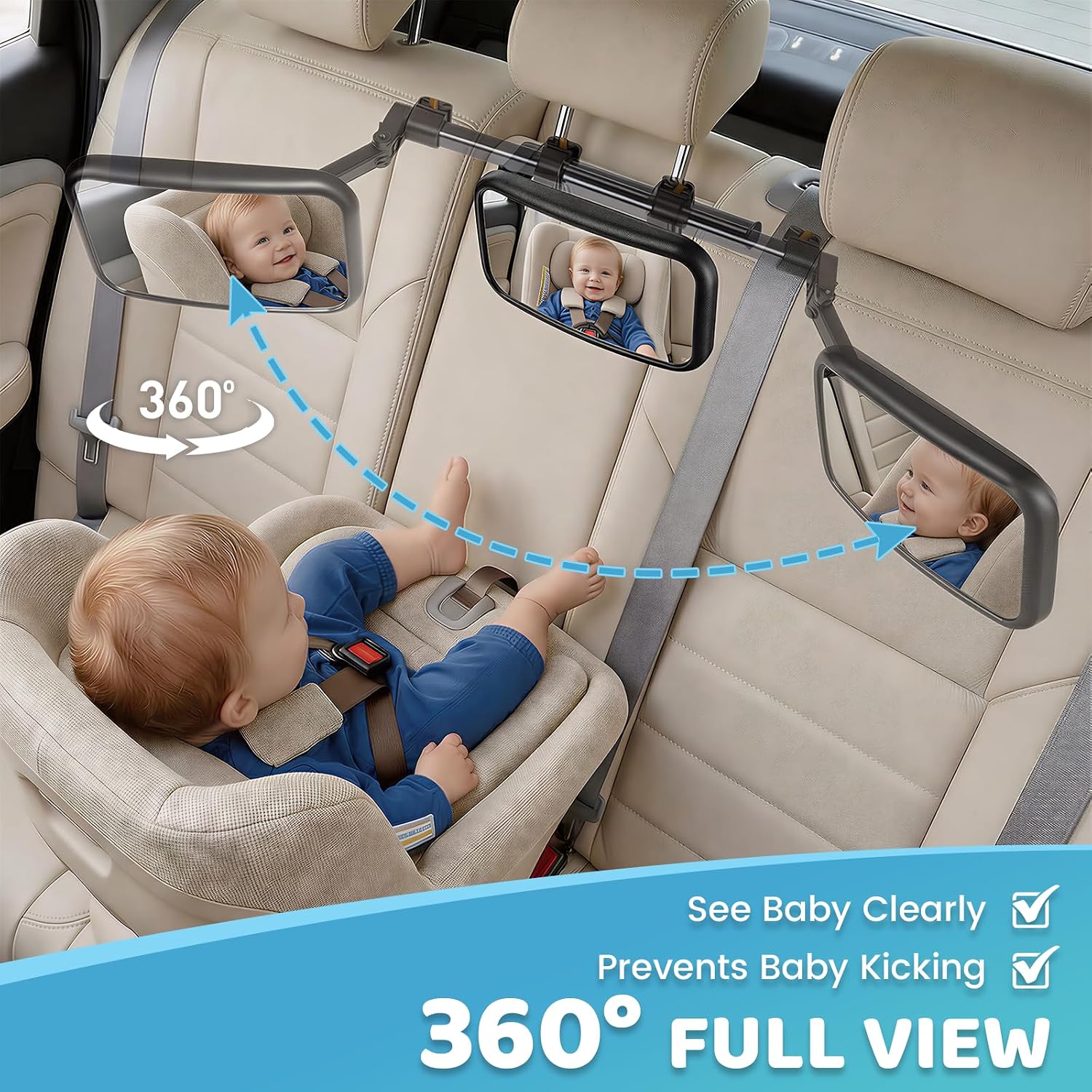 Baby Car Mirror for Rear Facing Seat, Extendable Arm Car Seat Mirror for Baby, Shatterproof Wide View Backseat Mirror, 360° Adjustable Stable Hook Clip Baby Mirror, Newborn Essentials