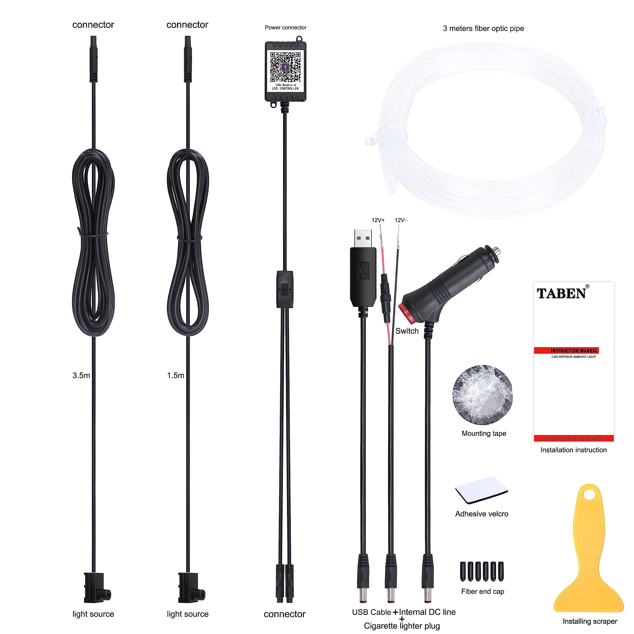 Kit Éclairage Ambiance Voiture 2-en-1 (110 Cm + 35 Cm) - 168 LED RGB, 220 Modes, Contrôle Bluetooth/USB - Synchronisation Musicale