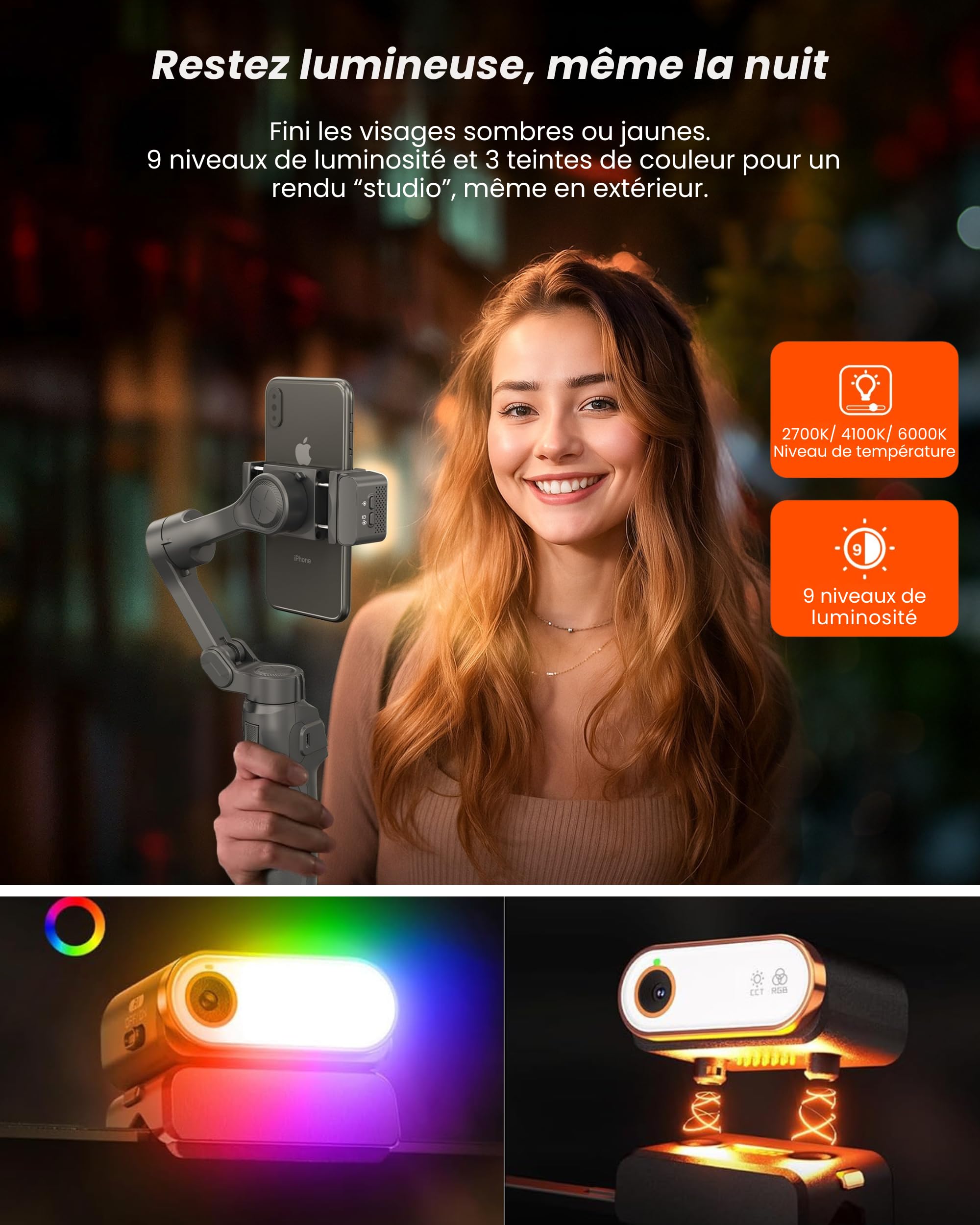 Studio Pro – Stabilisateur Smartphone 3 Axes avec Suivi IA, Éclairage LED, Micro-Cravate, Trépied Intégré & Batterie 13H | Gimbal compatible avec Iphone telephone Android | Kit Créateurs & Pros