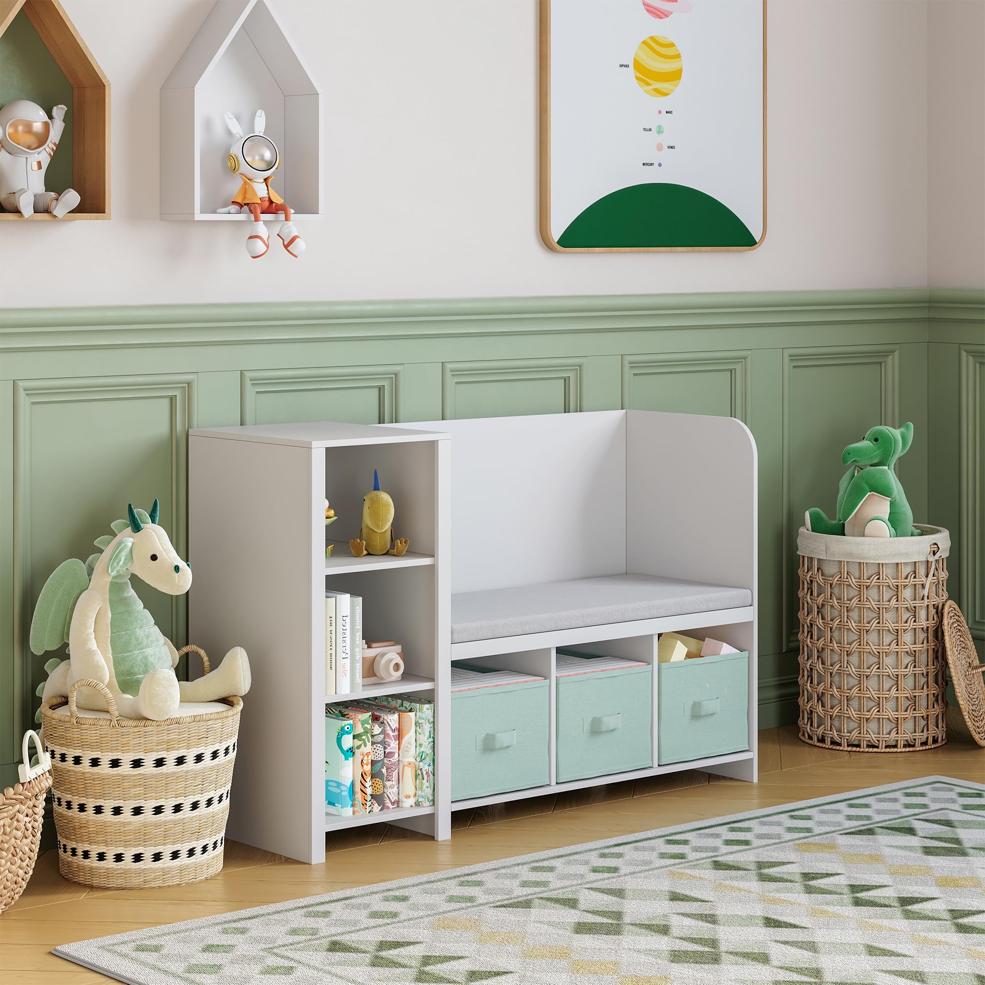 [en.casa] Kindersitzbank mit Regal Høylandet Sitzbank mit Stauraum Kinderregal mit 3 Aufbewahrungsboxen Kinderzimmer 76 x 112 x 40 cm Schuhbank mit Sitzfläche Weiß/Mintgrün