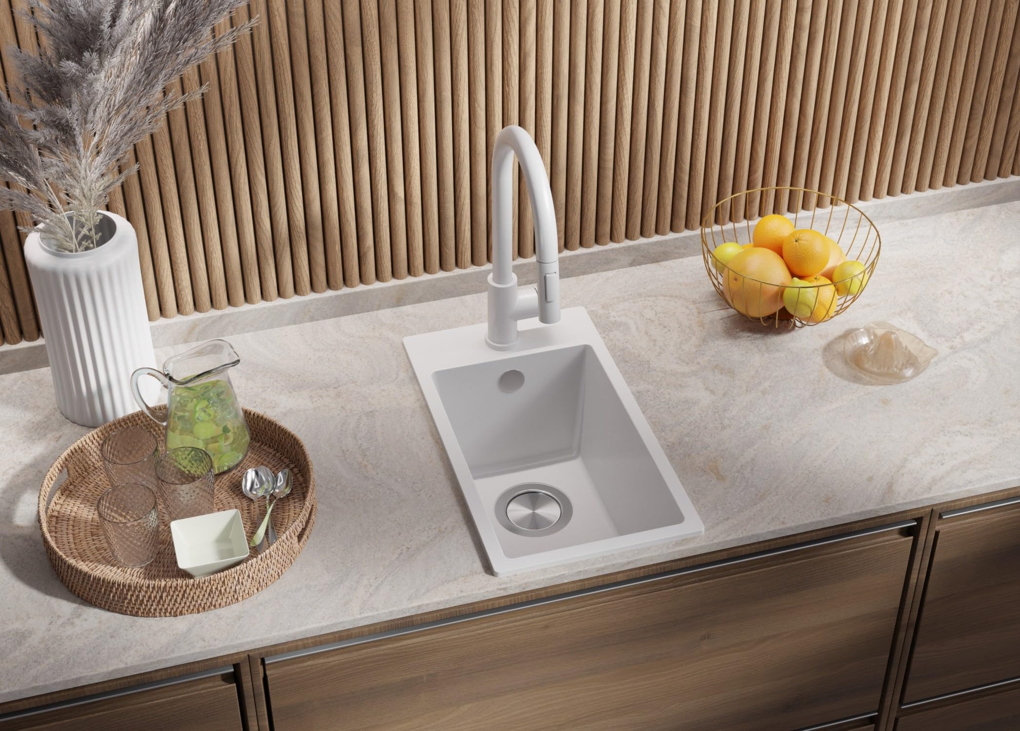 PRIMAGRAN Evier Cuisine en Granit Tout Blanc 28x50cm, Lavabo 1 bac + Robinet 32x20cm + Kit de Vidage, Évier à Encastrer au Meuble 30cm - Riga S014