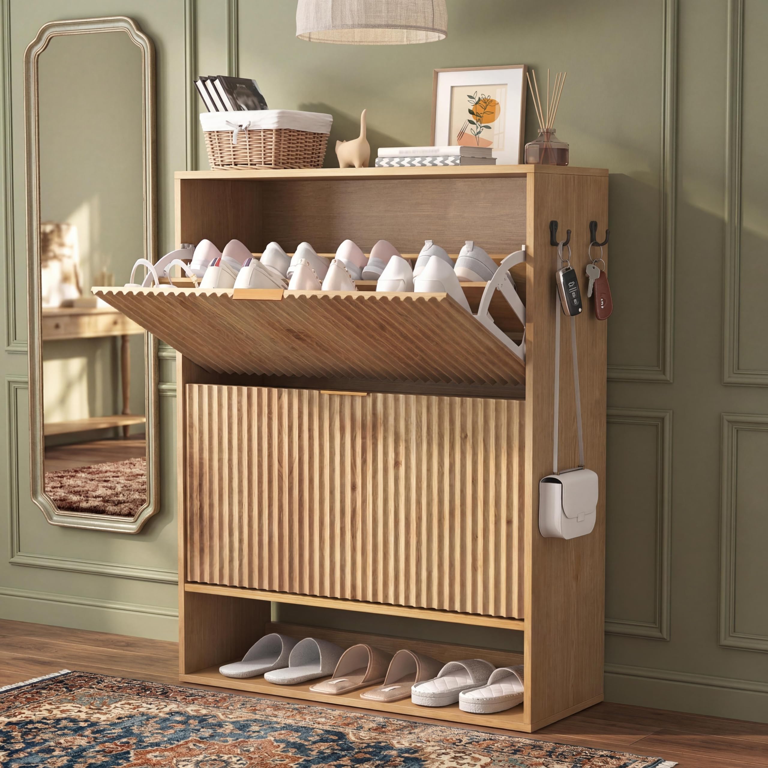 Meuble à Chaussures étroit pour Couloir/Foyer - Armoire à 2 tiroirs basculants - Étagère inférieure Ouverte + Crochets latéraux - Façade cannelée Moderne, Chêne (Couleur Bois Naturel)