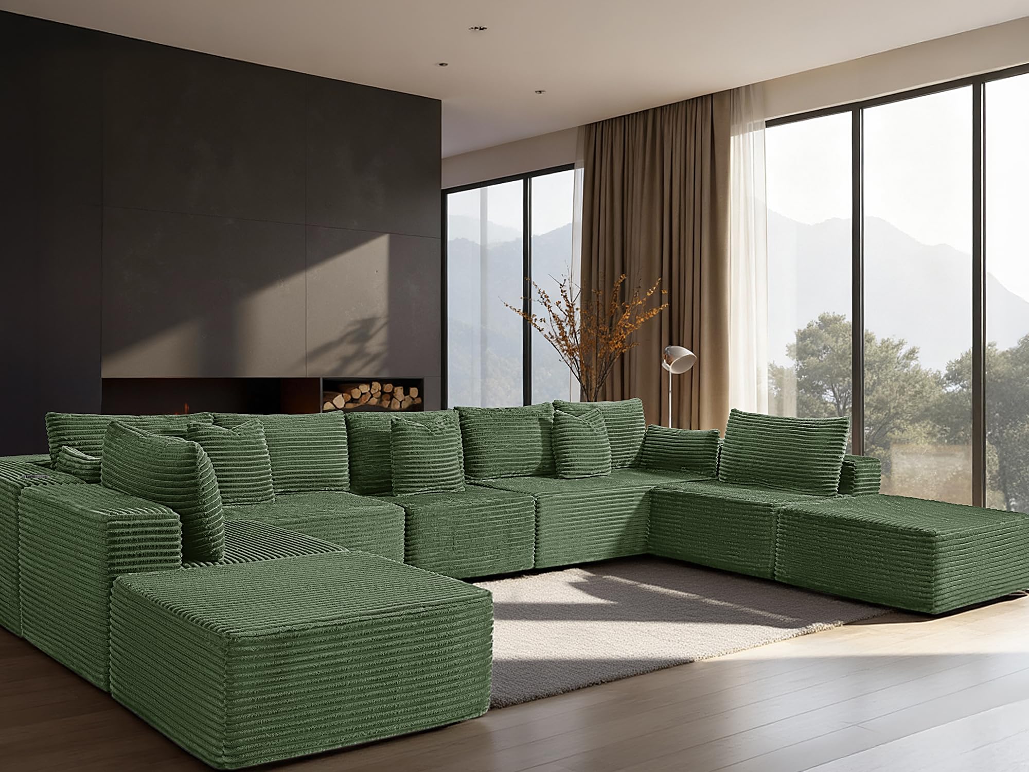 168" Cloud Sectional Couch, Comfort U Shaped Sofa for Living Room, Extra Deep Seats No Assembly, Minimalist Modular Couch, Corduroy (Olive Green, 9 Seats,U-Shape A)