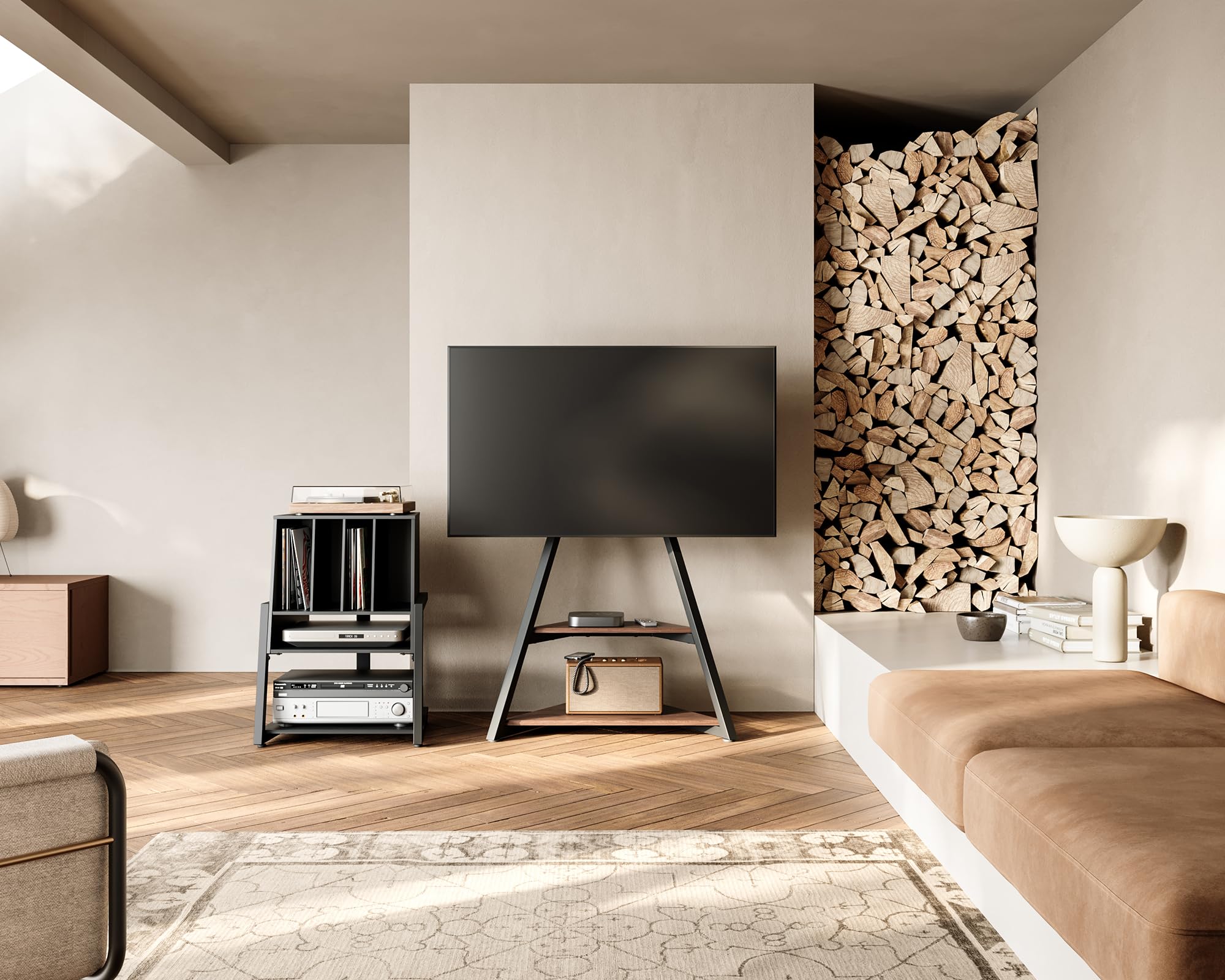 FITUEYES Mueble Tocadiscos, Mueble HiFi de Madera y Metal, Almacenamiento para 120 Discos, para Sistemas Compactos, para Salones y Salas de Música