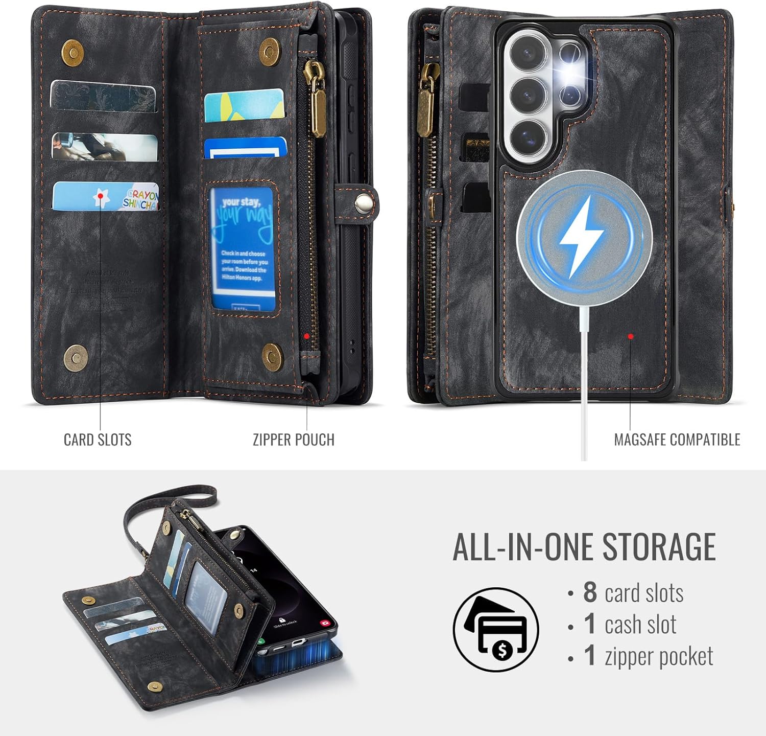 Phone Case for Samsung Galaxy S26 Ultra 5G Zipper Wallet Magnetic Detachable Cover with MagSafe Screen Protector and Flip Card Holder Cell S26Ultra 26S S 26 26Ultra SM-S948U 6.9 inch Women Men Black