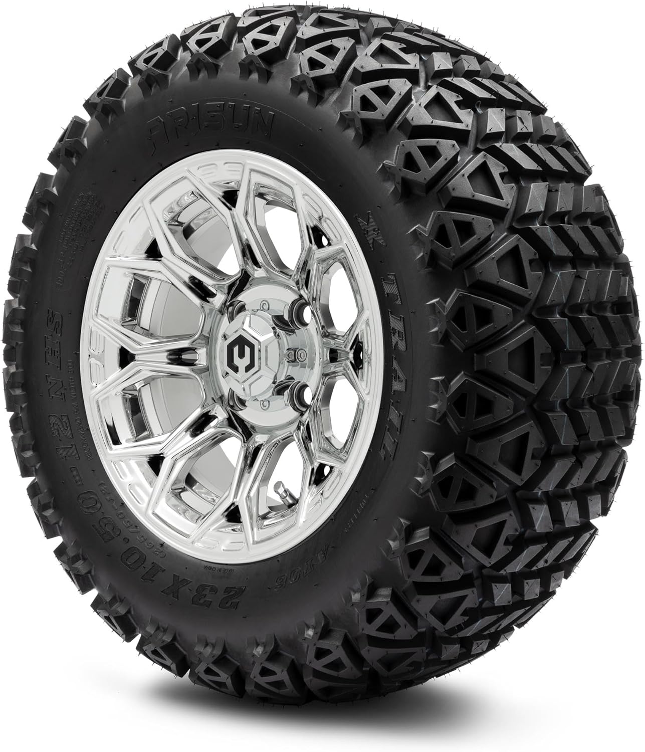 MODZ® Halo Chrome 12" Golf Cart Wheels and Arisun X-Trail (23x10-12) DOT All-Terrain Golf Cart Tires Combo - Set of 4