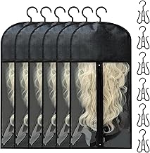 Hair Extensions Storage Bag, 6 PCS Portable Wig Storage Bags with Hooks Dustproof Hairpieces Storage Holder for Store Style Hair (Black)