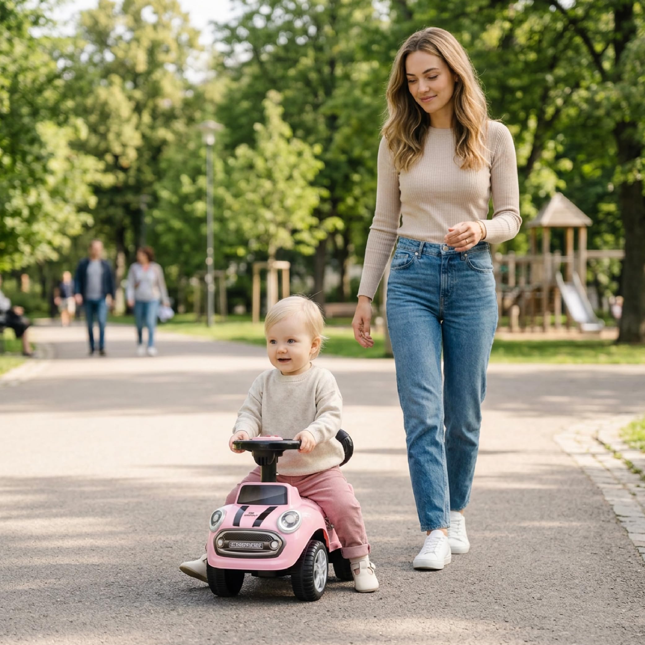 sun baby Jeździk pchacz dla dzieci GO GO Fassion, efekty dźwiękowe, plastikowe siedzisko i koła, zabezpieczenie przed przewróceniem się (Różowy)