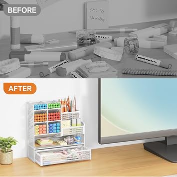 VITVITI Sturdy Mesh Desk Organiser for Office Accessories, Desk Organiser for Stationery Supplies, Make Up Brush, Art storage, 5 Tier Metal Stackable Storage drawers - White