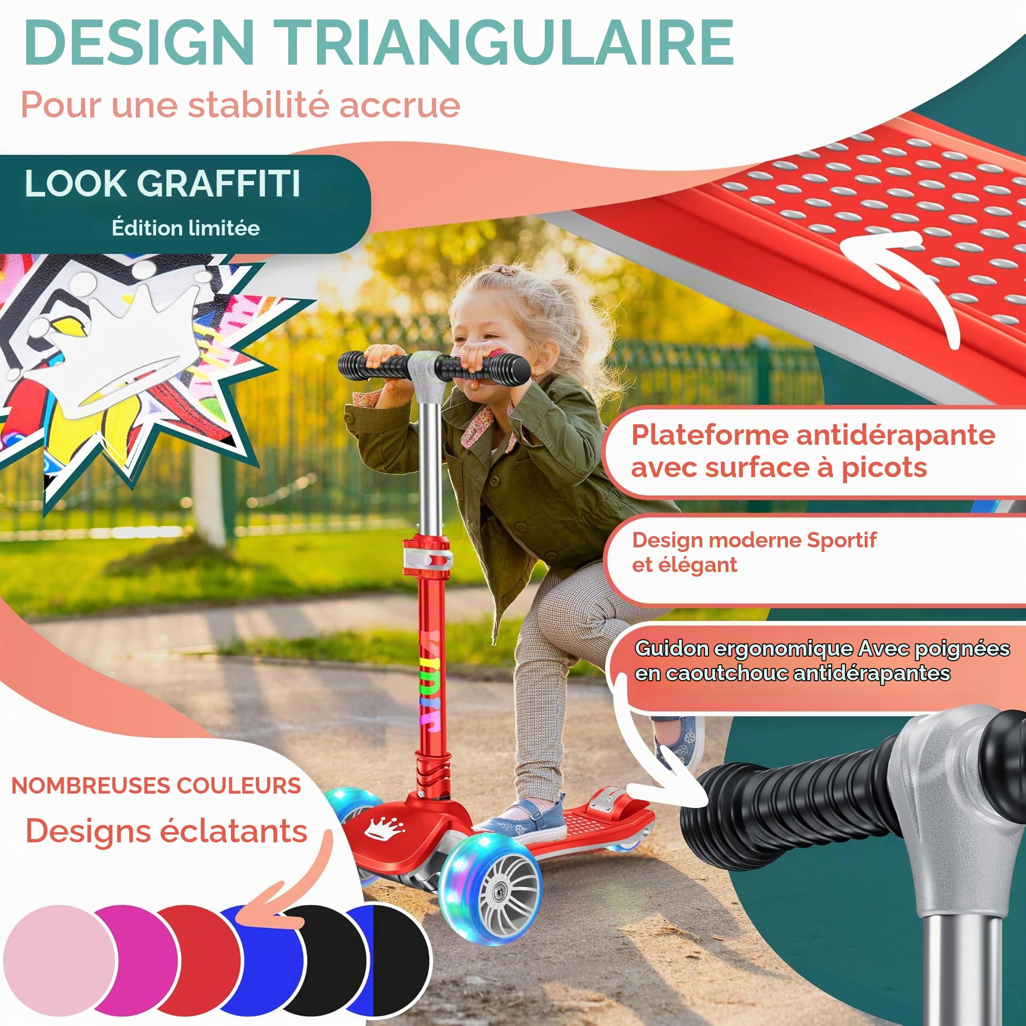 KIDIZ® Trottinette Pro1 à 3 Roues avec LED en polyuréthane - Hauteur réglable