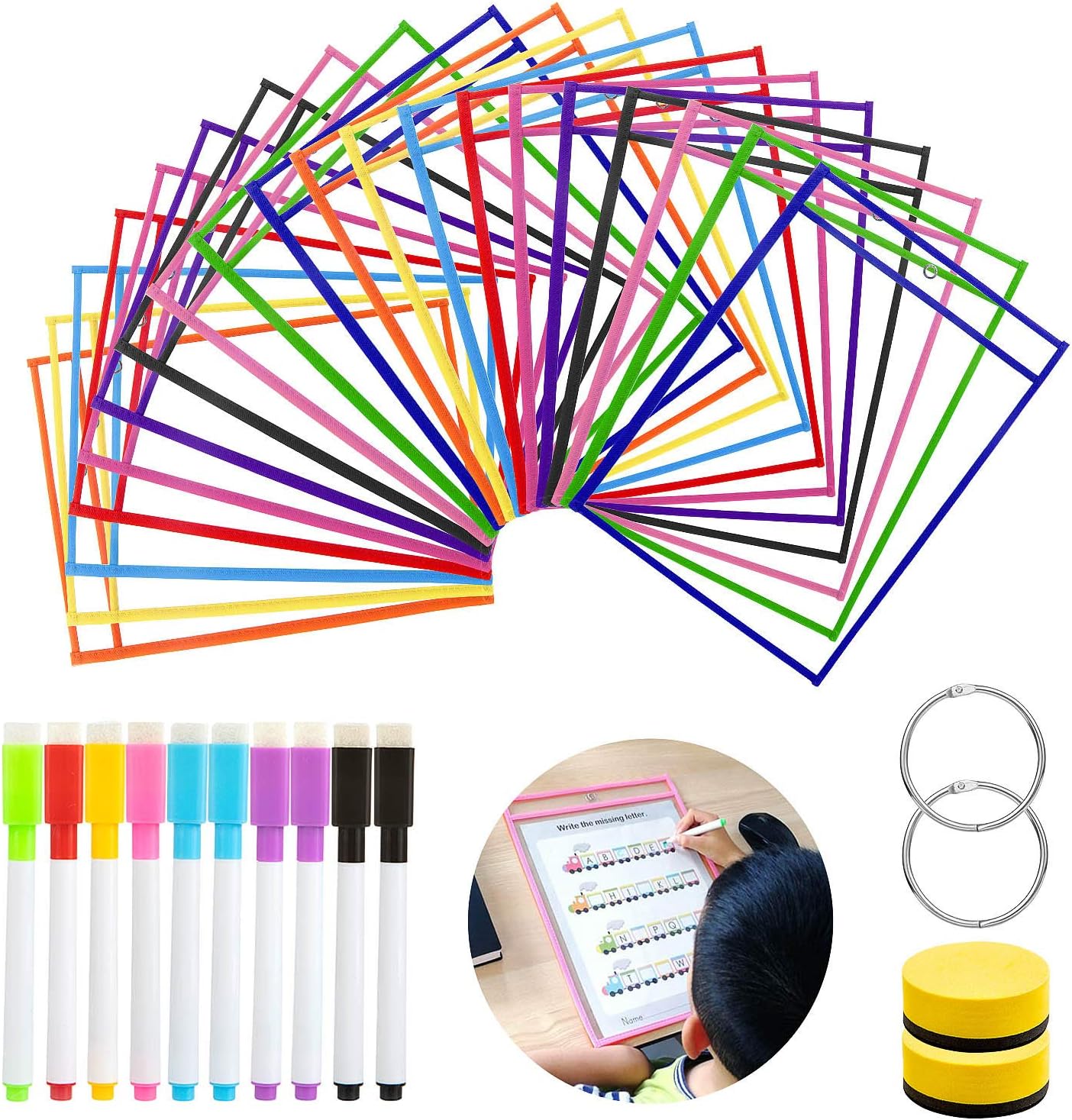 Dry Erase Pockets, GuKKK 20 Pack Reusable Erasable Pocket Sleeves, with