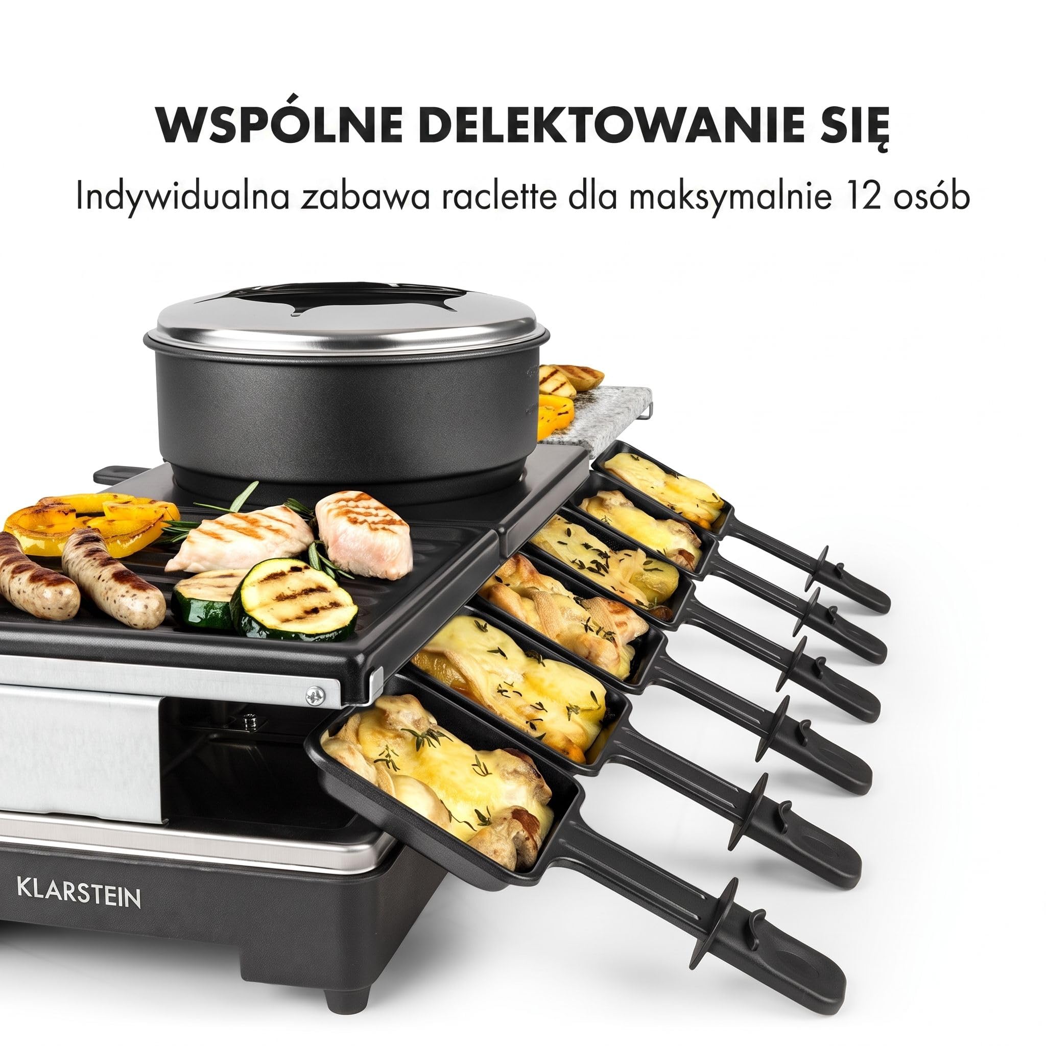 Klarstein Fonduelette XL - Grill raclette i fondue 3 w 1, 1650 W, metal/kamień naturalny/płyta krepowa, 3 oddzielne elementy grzewcze ze stali nierdzewnej, 12 osób, nieprzywierający, czarny