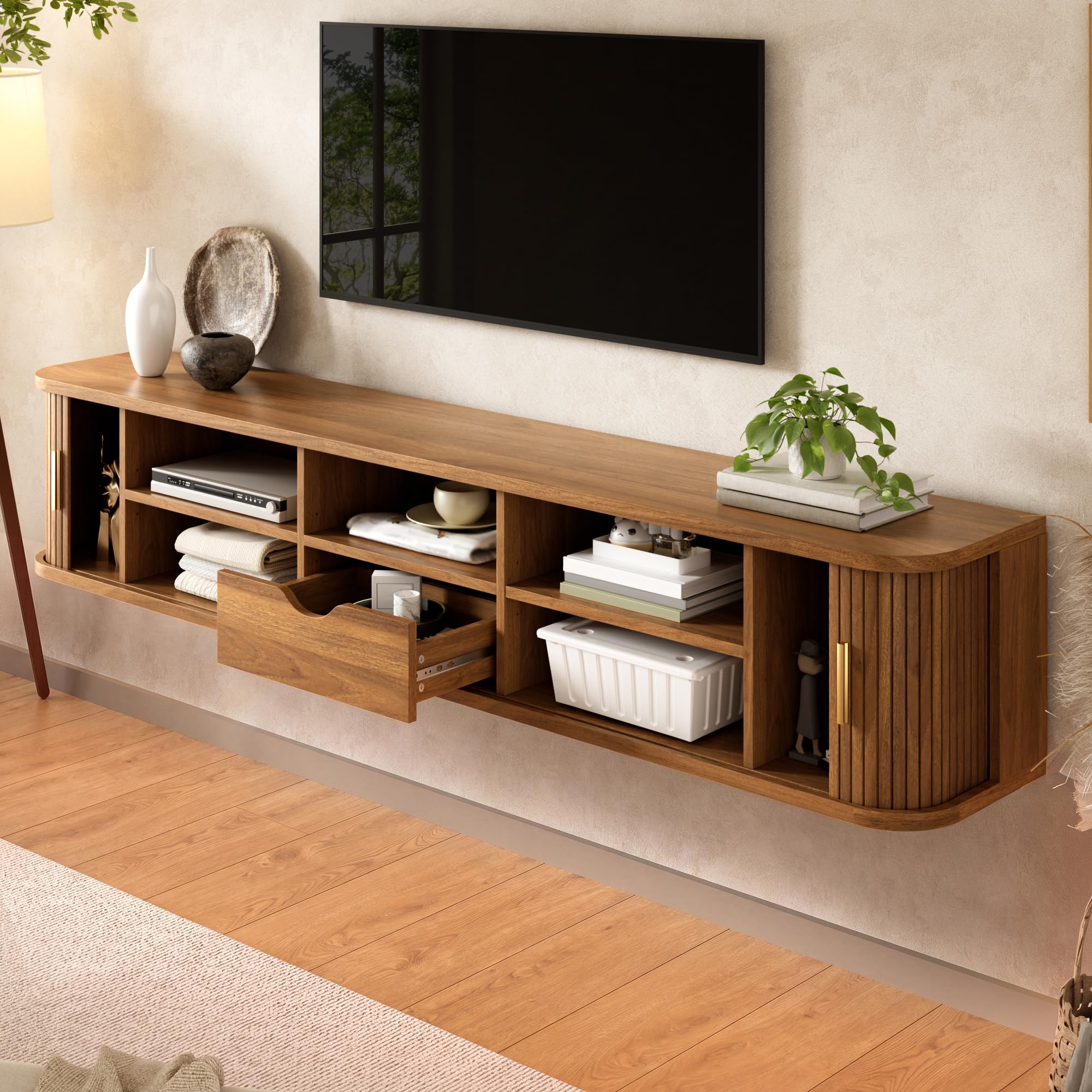 Wandhängendes TV-Lowboard 175x30x30 cm mit LED und Schiebetüren (Nussbaum)