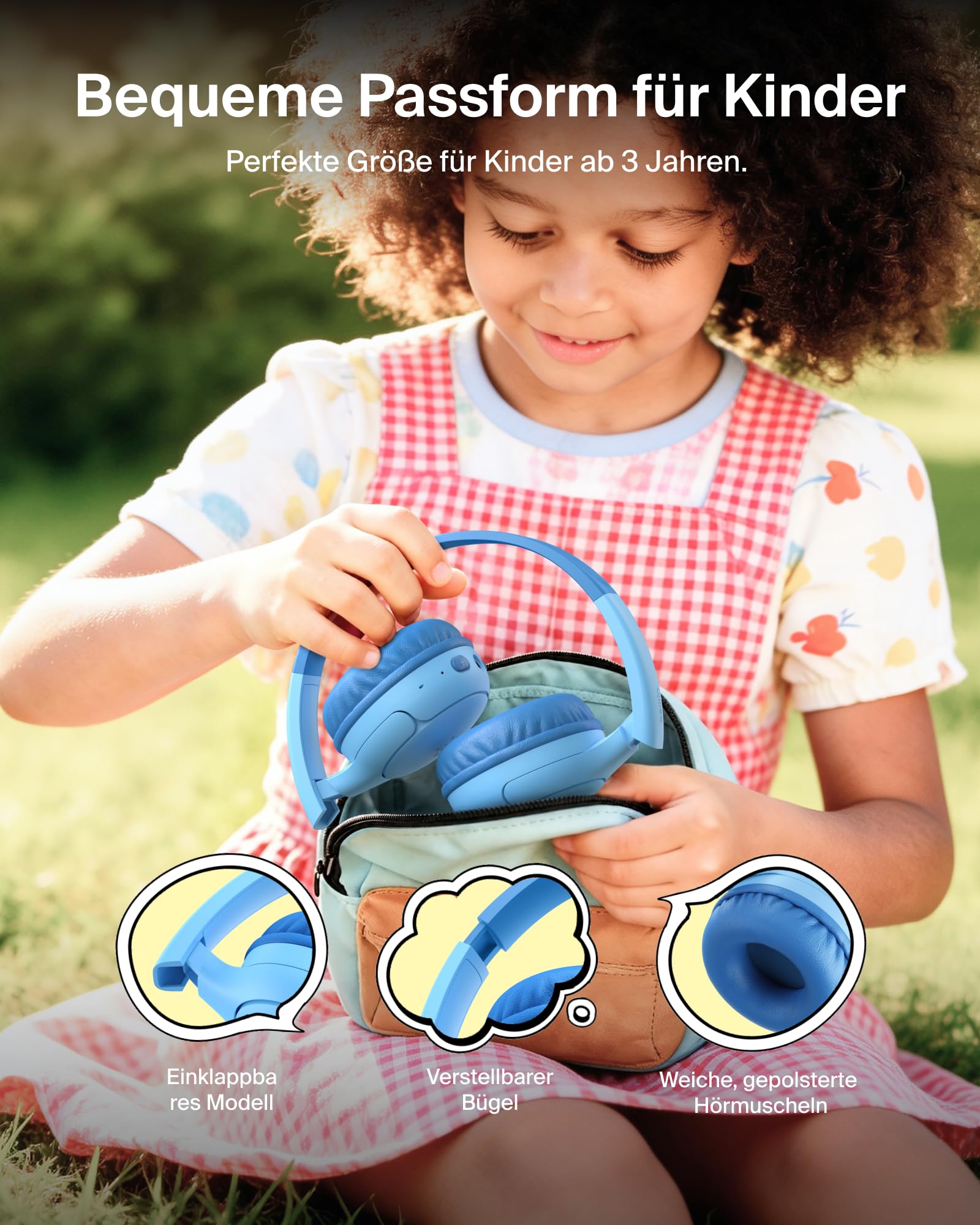 Belkin SoundForm Mini 2 kabelloser On-Ear-Bluetooth-Kopfhörer für Kinder, 55 h Laufzeit, Lautstärkebegrenzung auf 85 dB, mit Mikrofon, Kinder-Kopfhörer mit Schutzhülle für iPhone/iPad/Tablet - Blau