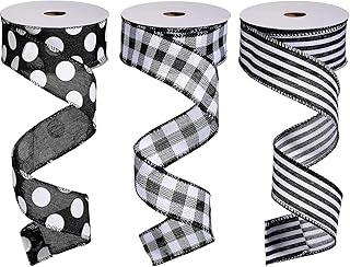 3 Rolls Black White Wired Edge Ribbons Buffalo Check Plaid Wrapping Ribbons Black White Striped Grosgrain Ribbons Black Polka Dot Ribbons with White Dots for DIY Crafts Decor, 1.5 Inches x 10 Yards
