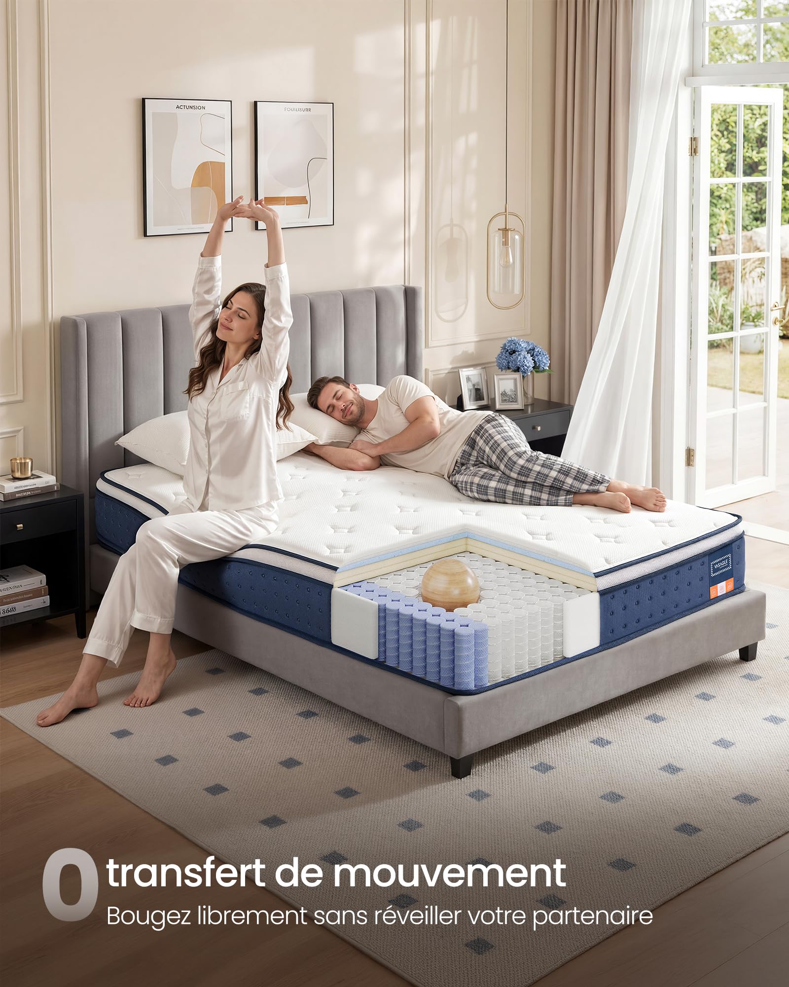 VASAGLE Matelas Double 140 x 190 x 25 cm, Matelas Hybride à Ressorts Ensachés, Mousse à Mémoire de Forme Gel, Soutien Mi-Ferme sur 7 Zones, Bords Renforcés, Housse Respirante, Bleu RMZ223QZ02