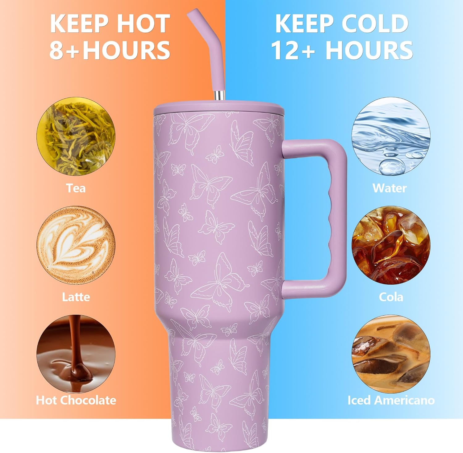 Butterfly Tumbler with Straw and Lid Vacuum Insulated 40oz Stainless Steel Cup Butterfly Gifts for Women Birthday Present Skinny Water Bottle Coffee Cup for Home or Travel - Image 3