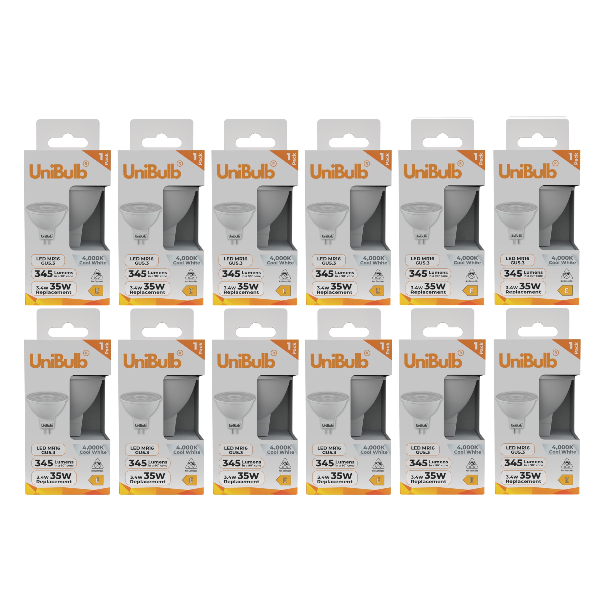 Unibulb GU5.3 MR16 3.4W Energy Efficient LED Spotlight Downlight Ceiling Light Bulb, 345 Lumens, 4000K Cool White, 35W Equivalent, 25,000hr Lifespan, 12V, Non-Dimmable (12)
