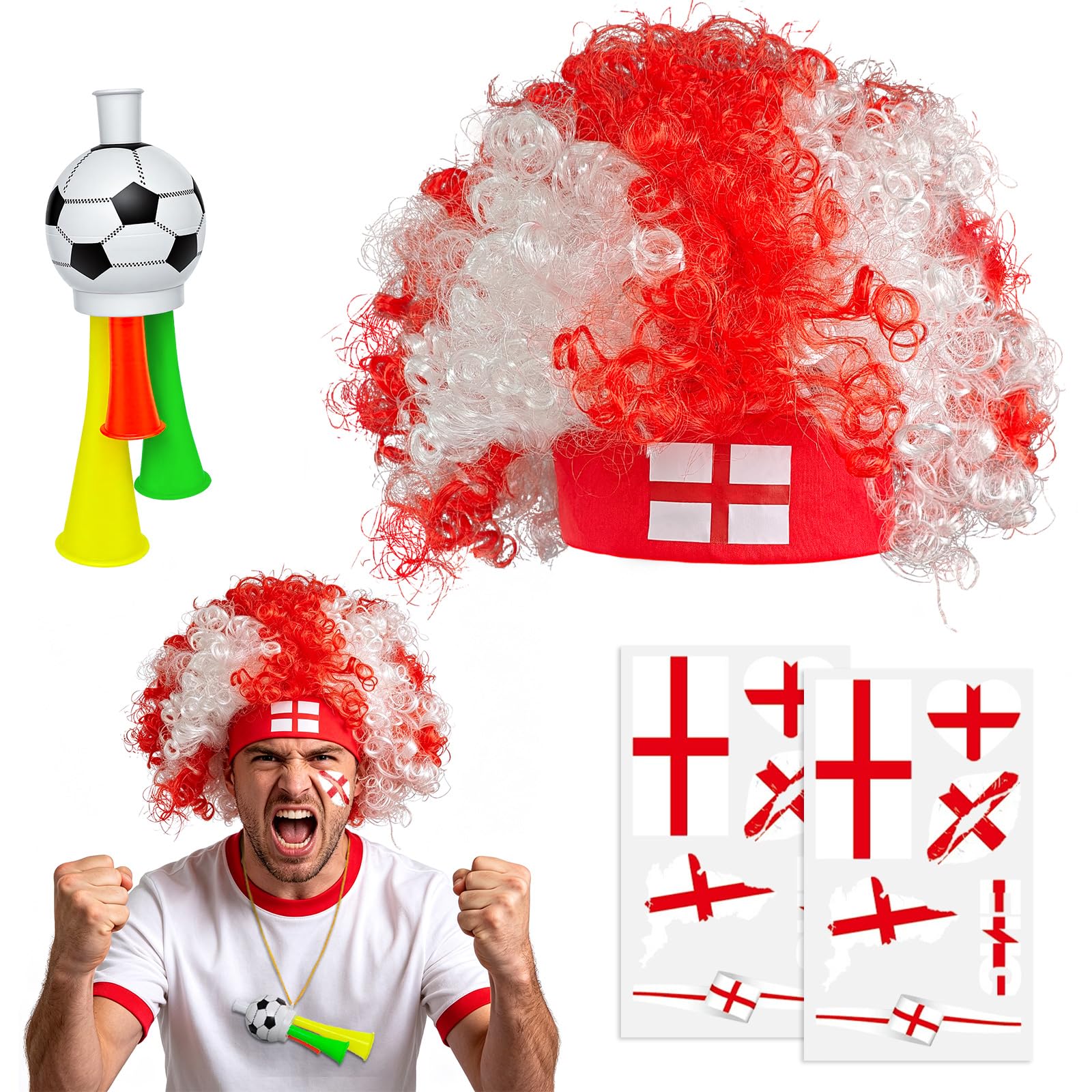 2026 Soccer Fan Gear Set – France Flag Clown Wig, Temporary Tattoos & Loud Horn – Cheer Accessories for International Football Matches, Stadium Parties & Global Tournament Celebrations — view 11
