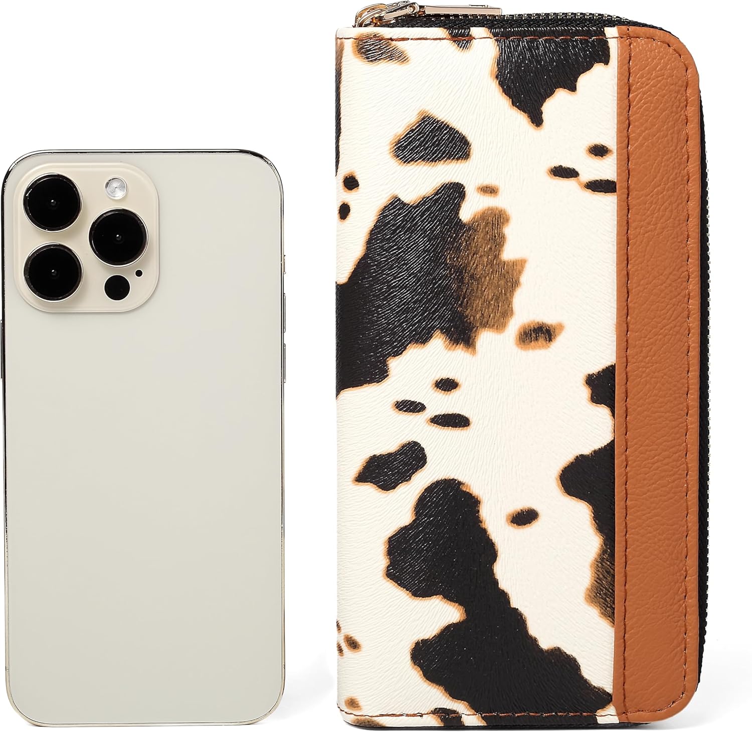 Cow Print Wallet for Women, Western Large Capacity Purse, Cowhide Cute Double Zippers Card Cases and Money Organizers Highland Stuff Gifts for Ladies (Brown) - Image 5