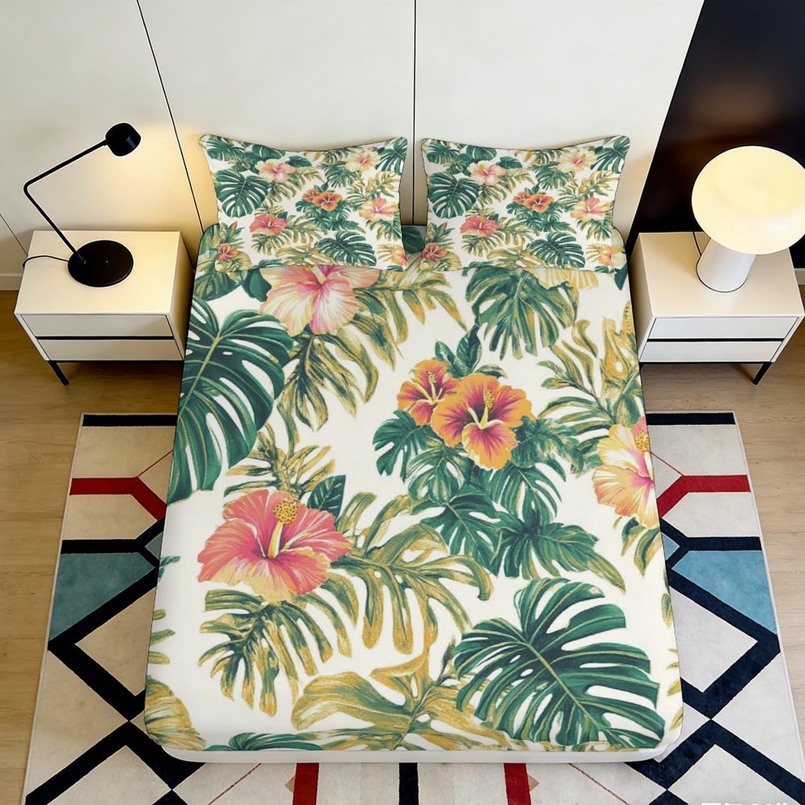 3D Printed Tropical Hibiscus Fitted Sheet Microfiber Soft Breathable Floral Leaf Bed Cover for Bedroom Dormitory Guest Room Mattress Protection 90x200x25cm