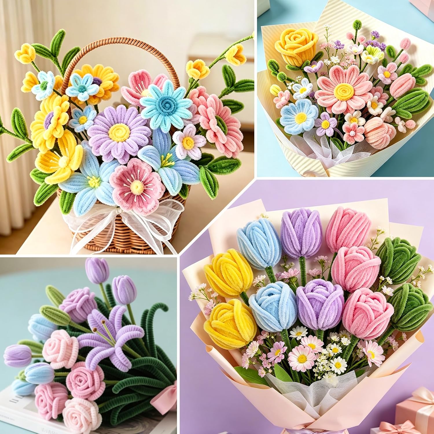 ASTARON 521 Pcs 5 Colors Art Chenille Stems Pipe Cleaners Flower Making Kit
