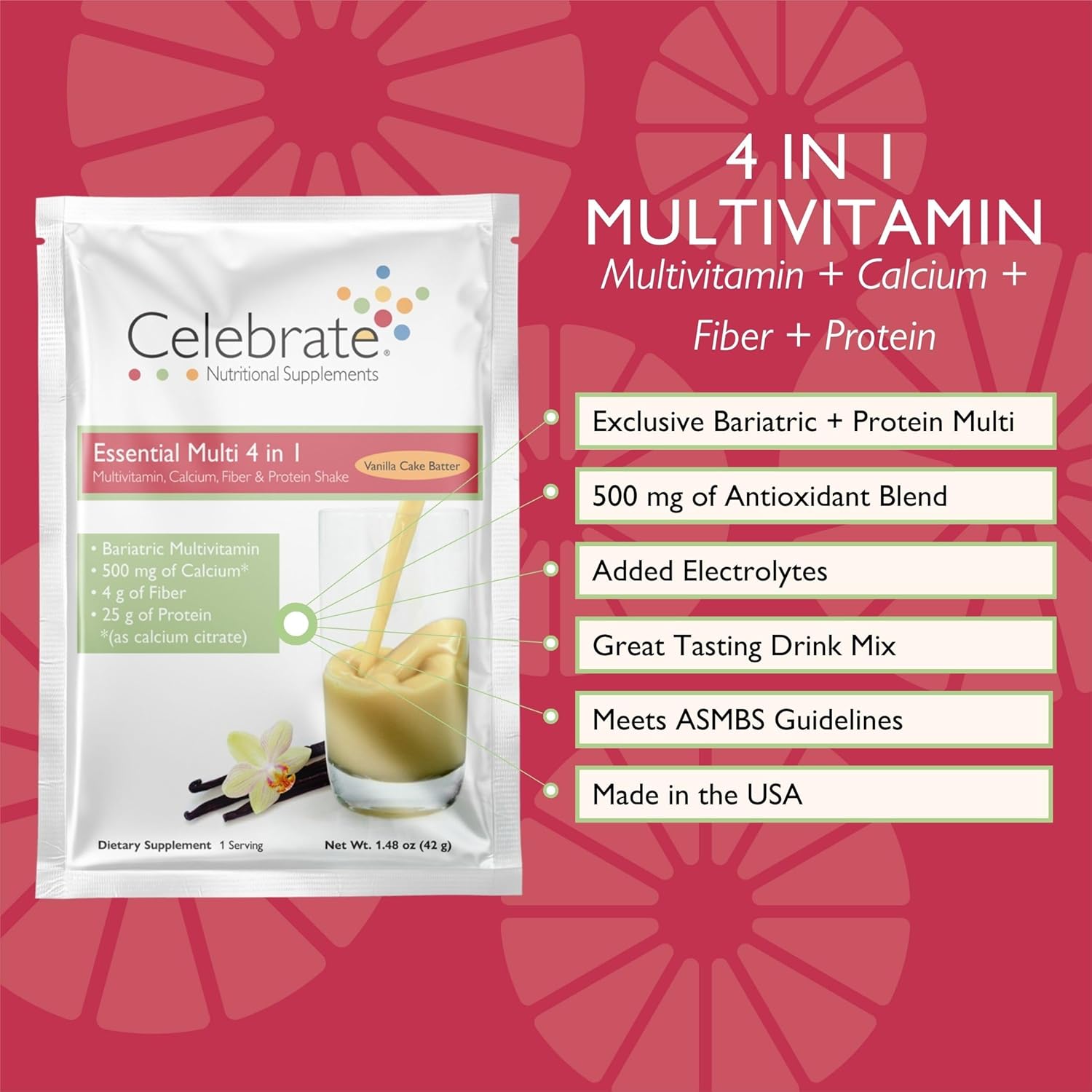 Celebrate Vitamins 4-in-1 Bariatric Multivitamin with Calcium Citrate Protein Shake, 500mg Calcium, for Post Bariatric Surgery, Vanilla Cake Batter, 15 Single Serve Packets