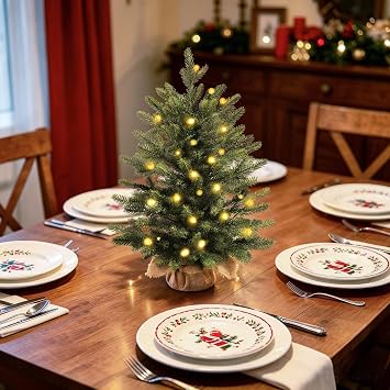 Mini Christmas Trees with 25 LED Lights, 24 Small Artificial Tabletop Tree