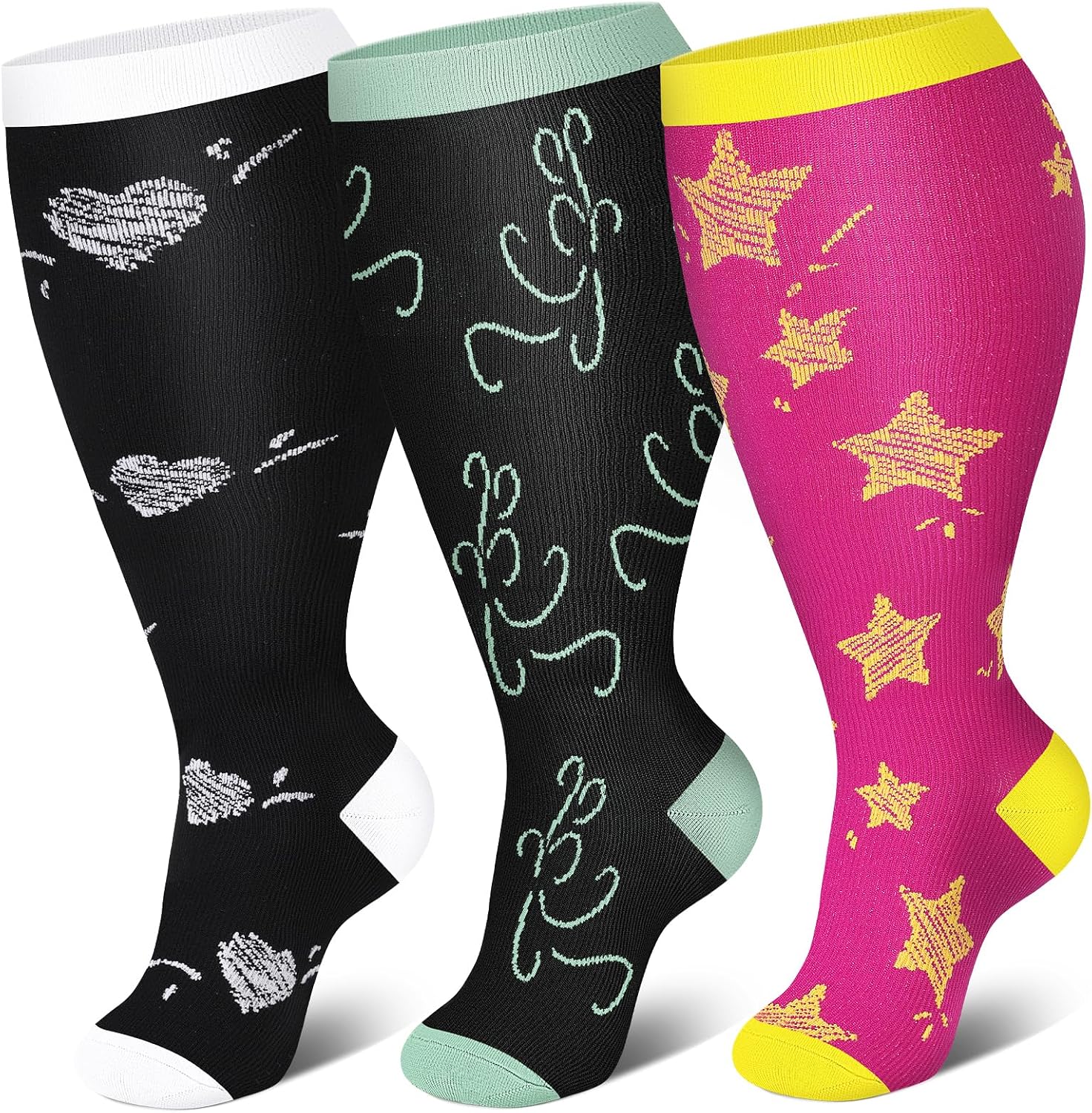 Genovega 3 Packs Wide Calf Compression Socks for Women Men Knee Hight S/M-4XL for Gifts