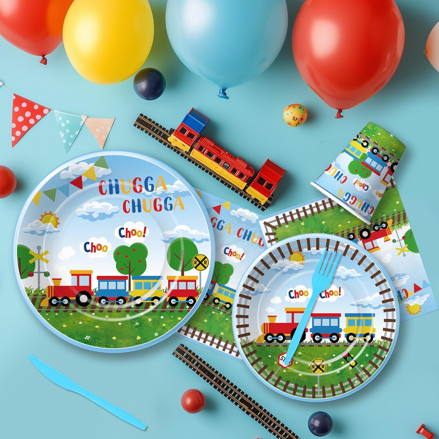 Suhelki Train Birthday Party Supplies, Chugga Choo Train Birthday Decorations, Paper Plates and Napkins Set for Kid's 1st 2nd 3rd, Cup, Cutlery, Straw, Banner, Tablecloth, 24 Guests - Image 4